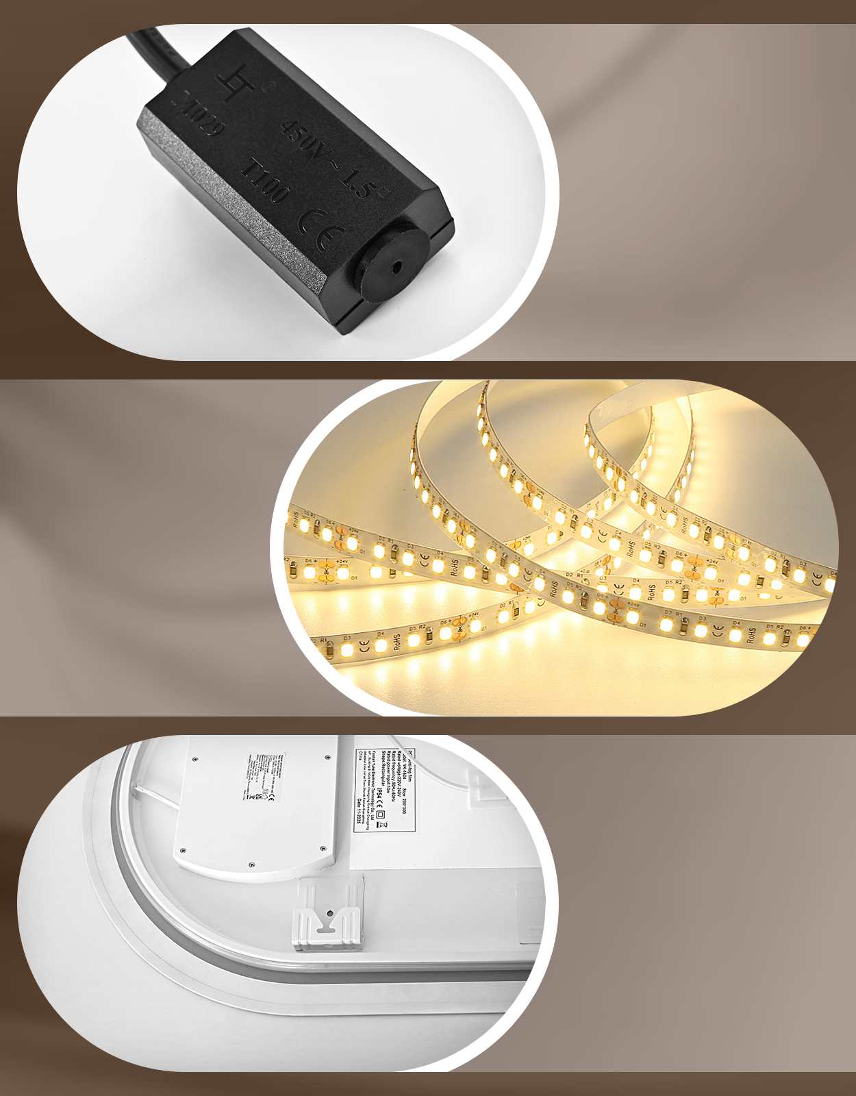 Connettore nero con testo, striscia LED, luce bianca e parte del corpo di una lampada.