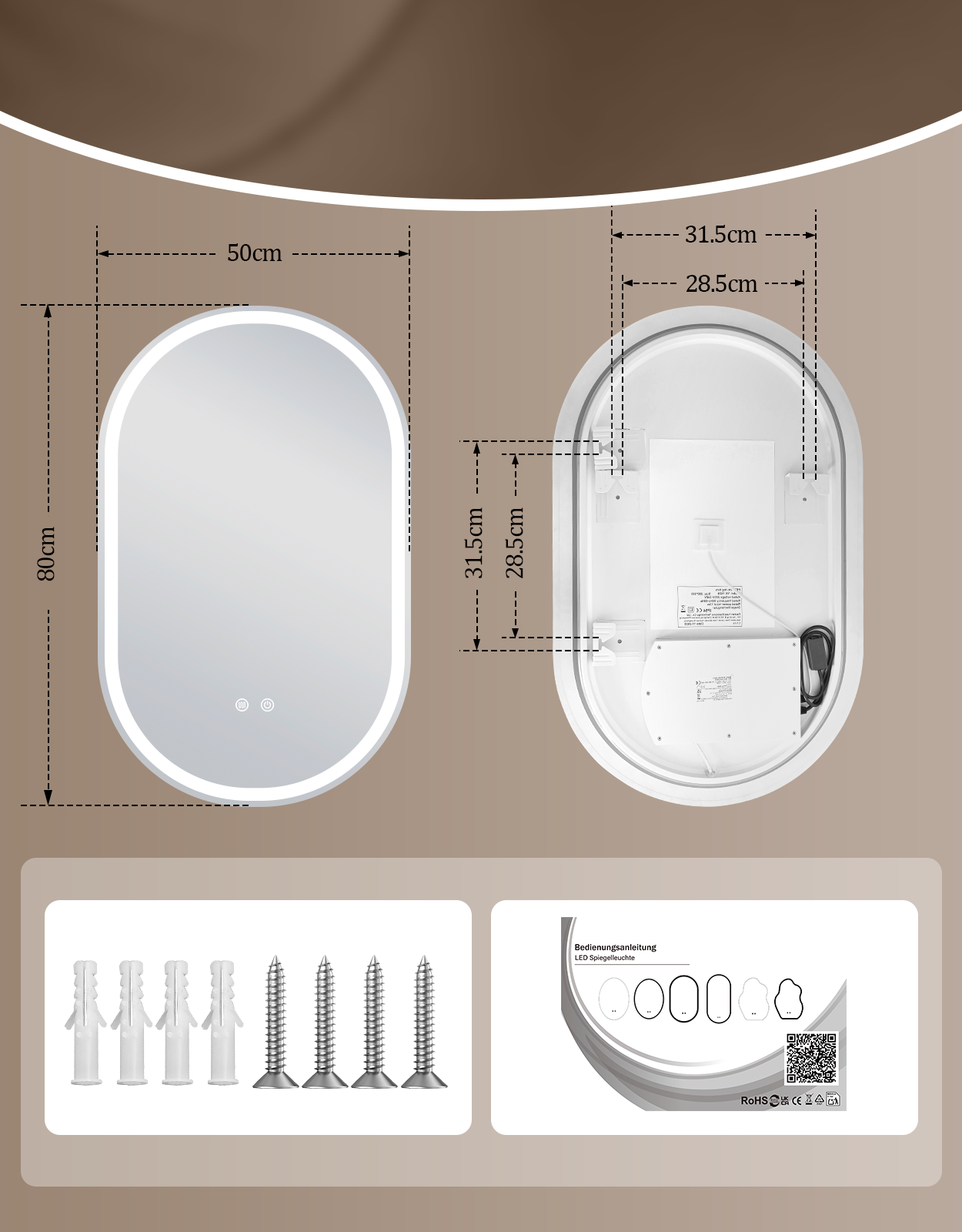 Specchio ovale a LED (50x80cm) con hardware di montaggio e manuale.