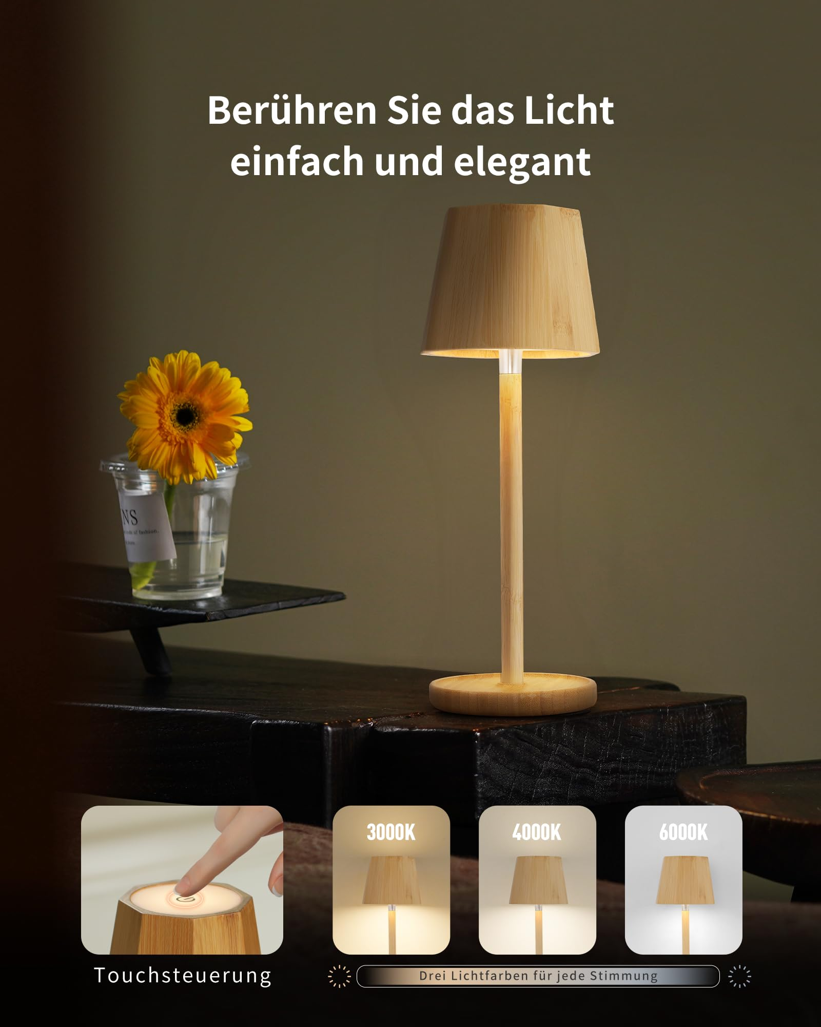 Eine Nachttischlampe aus Holz mit drei Lichtfarben. Eine gelbe Blume steht daneben.