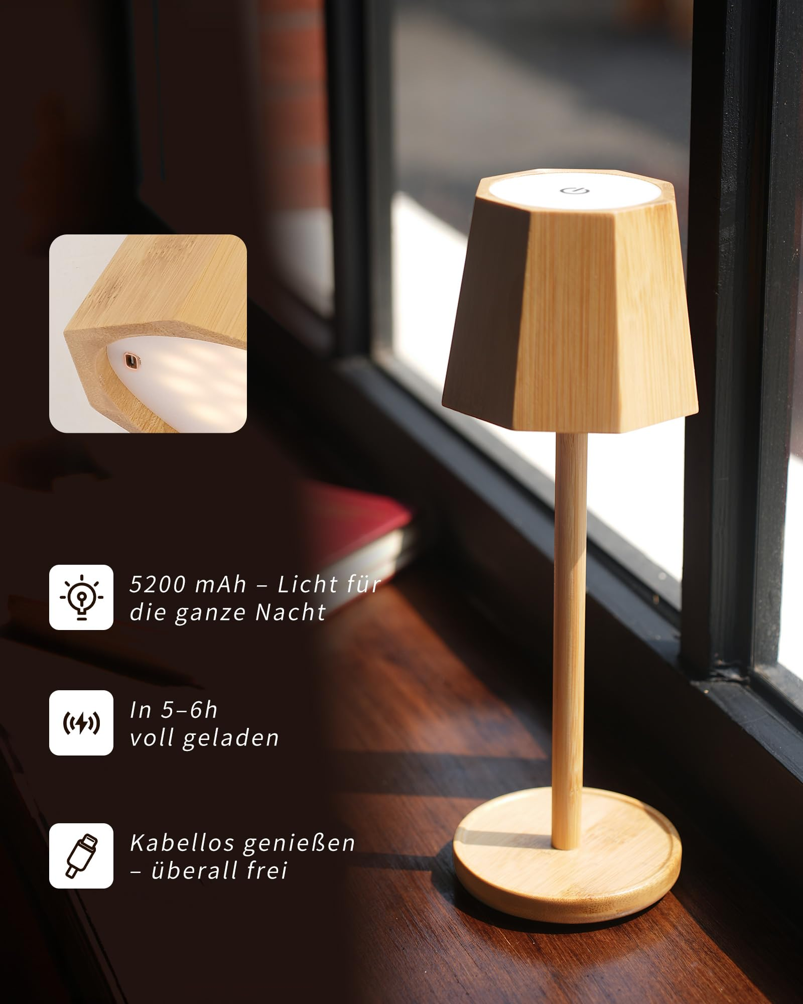 Eine hölzerne Nachttischlampe mit weißem Lampenschirm, 5200 mAh Akku.