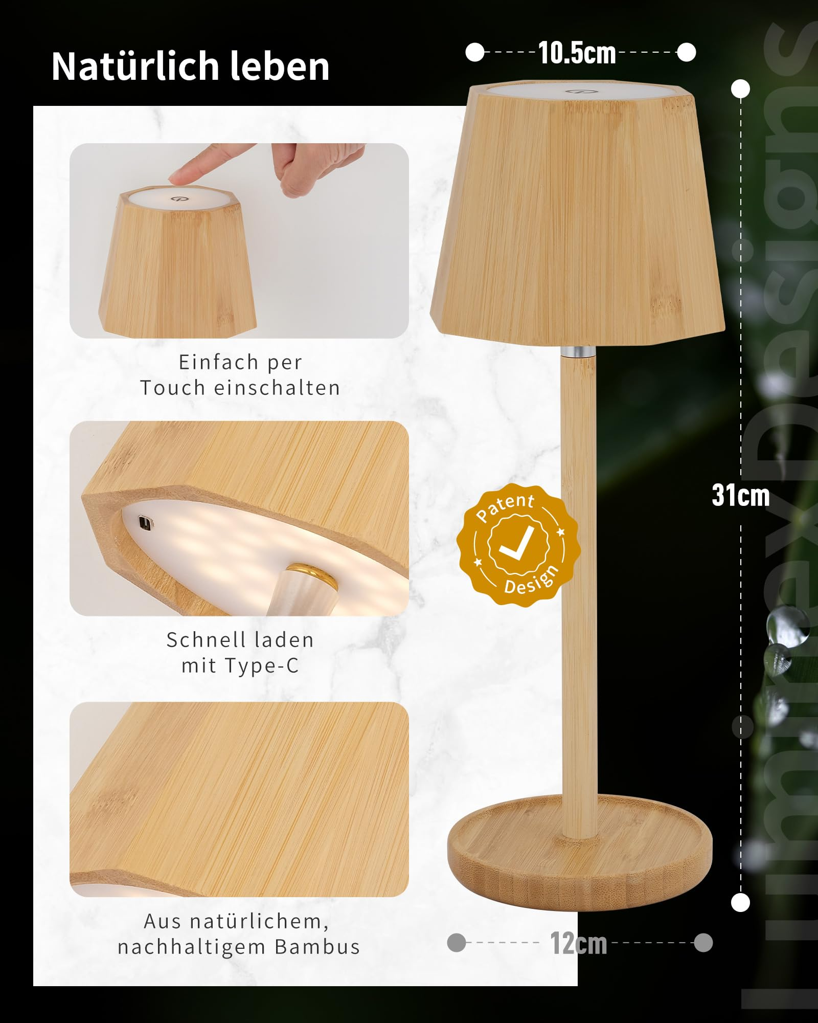 Lampe aus Bambus: Touch-aktiviert, Typ-C-Laden, 31cm hoch.