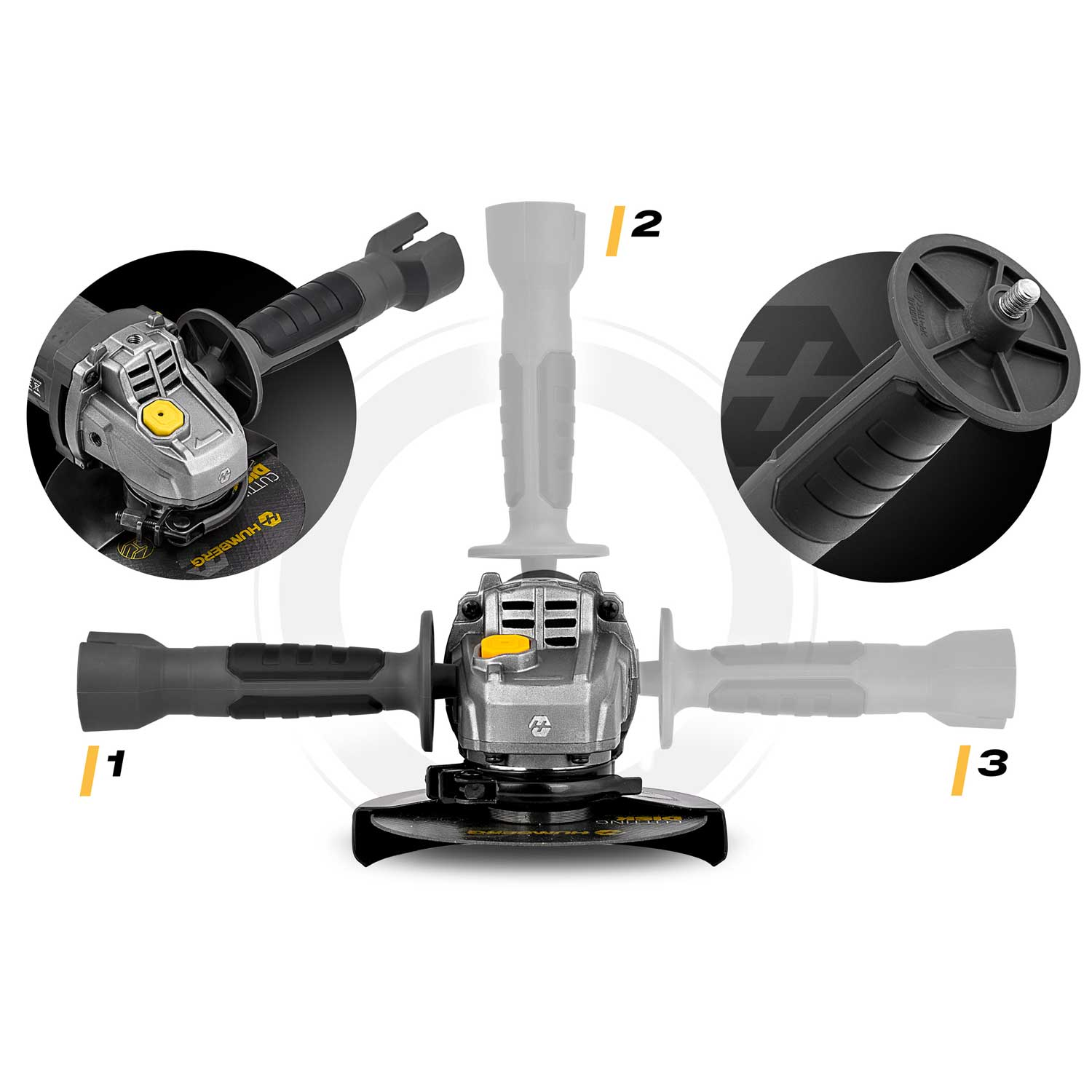 Szlifierka kątowa pokazana w trzech pozycjach uchwytu: lewej, górnej i prawej.