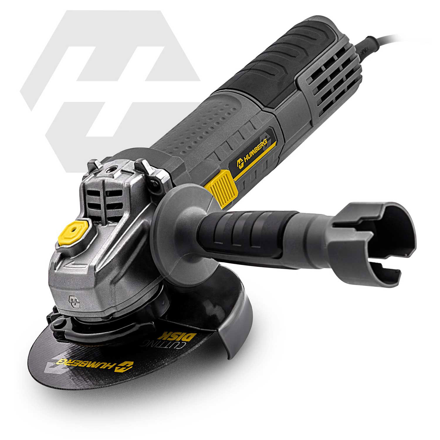 Szlifierka kątowa szara z żółtymi akcentami i tarczą tnącą.