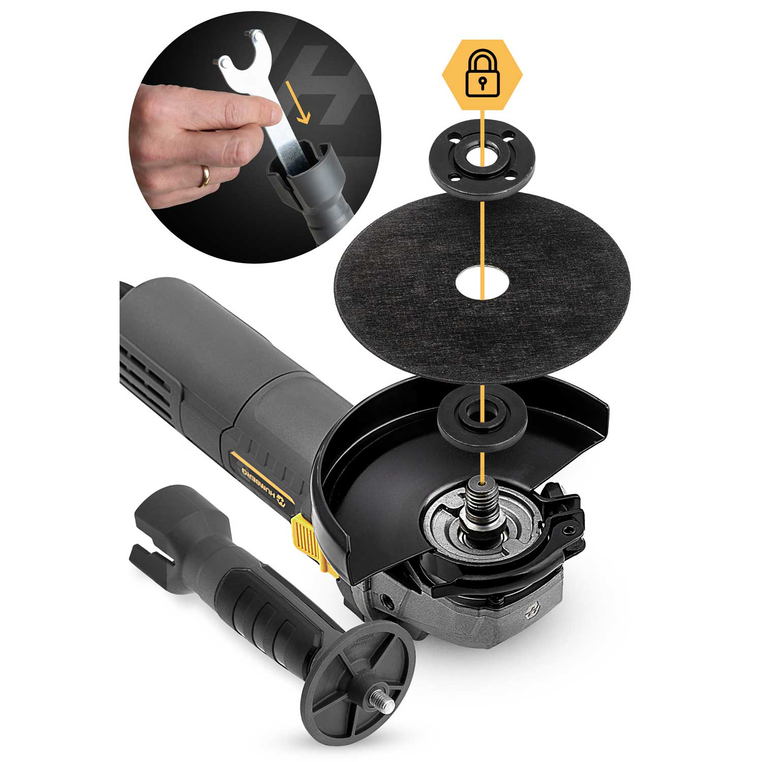 Szlifierka kątowa pokazująca zmianę narzędzia i montaż tarczy. Dłoń z kluczem.