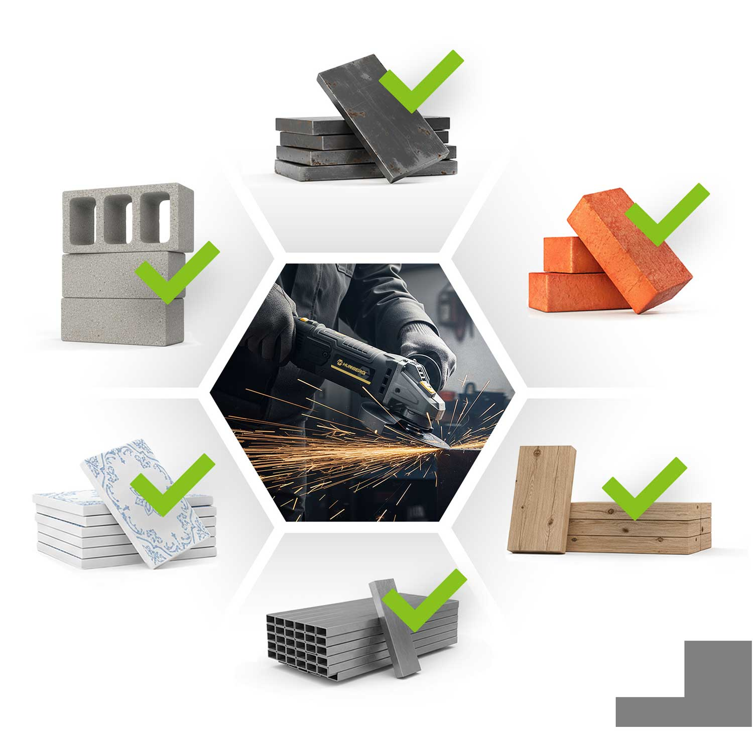 Narzędzia i materiały, w tym cegły, drewno, metal i płytki, ze szlifierką pośrodku.