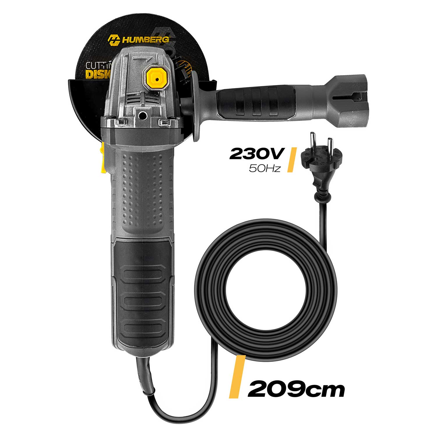 Szara szlifierka kątowa z żółtym przyciskiem, czarną tarczą i kablem.