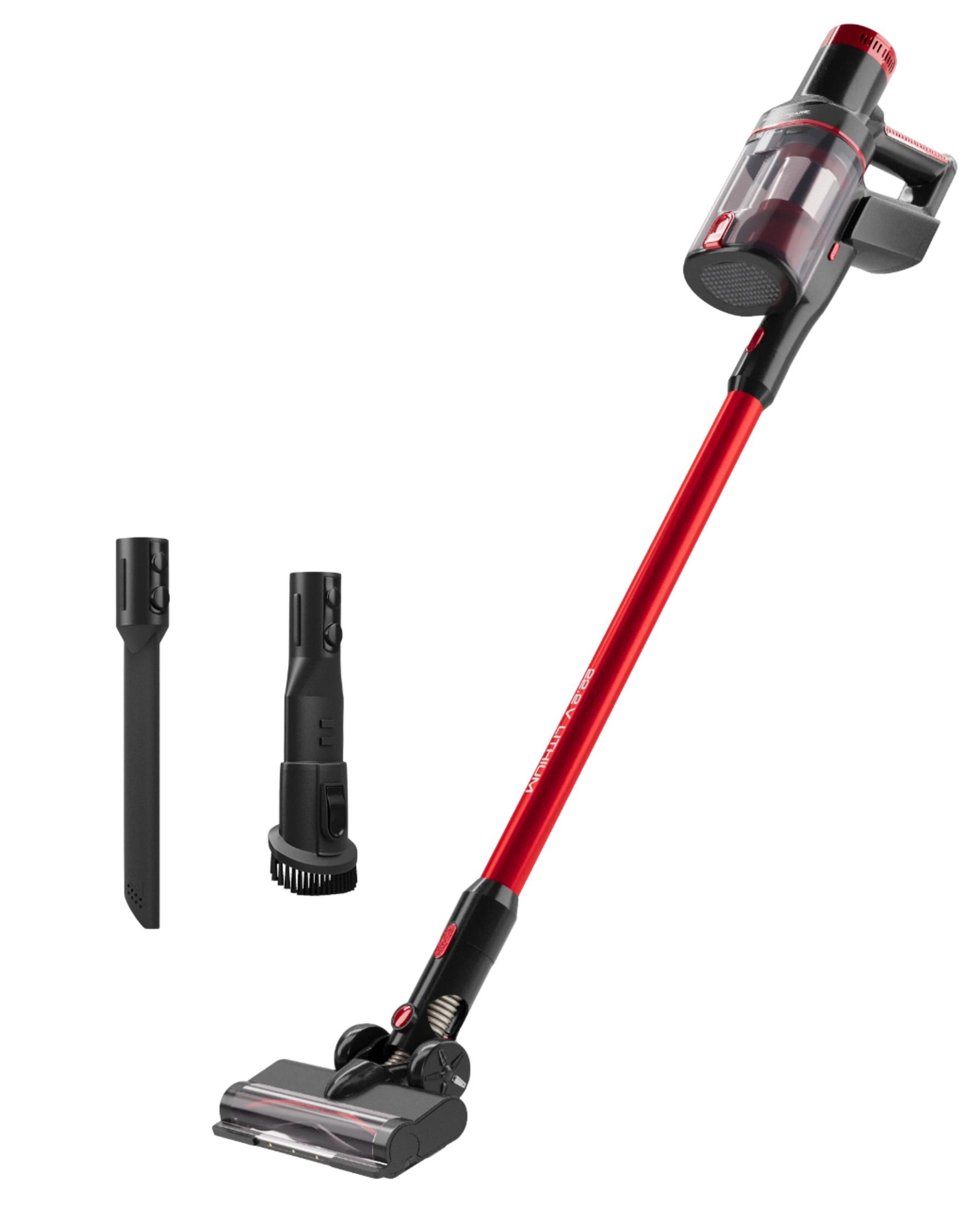 Czerwony odkurzacz bezprzewodowy z akcesoriami na białym tle.