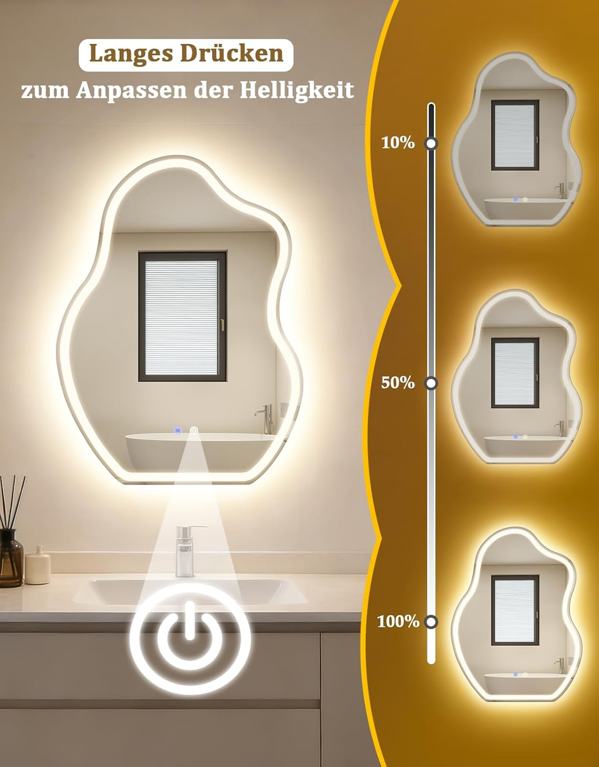 Uno specchio con illuminazione a LED, che mostra opzioni di controllo della luminosità.