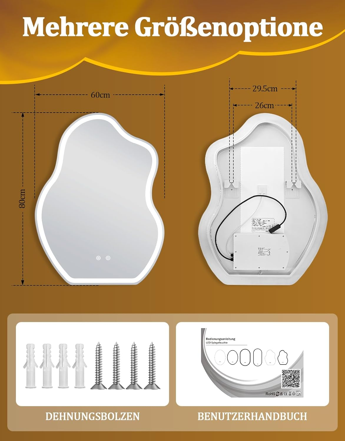 Uno specchio di forma irregolare con illuminazione a LED, retro e ferramenta.