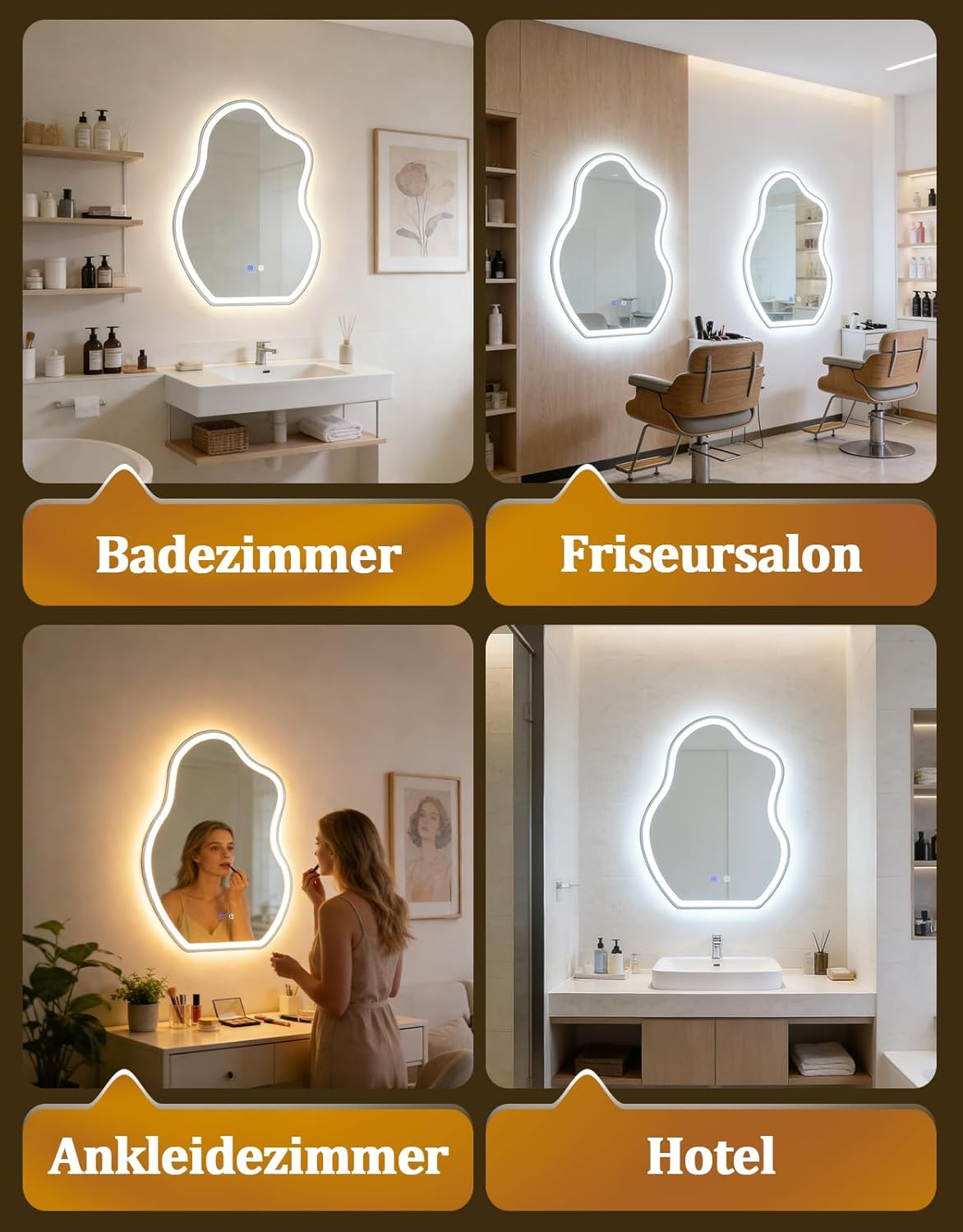 Quattro scene: bagno, parrucchiere, spogliatoio, hotel con specchi illuminati.