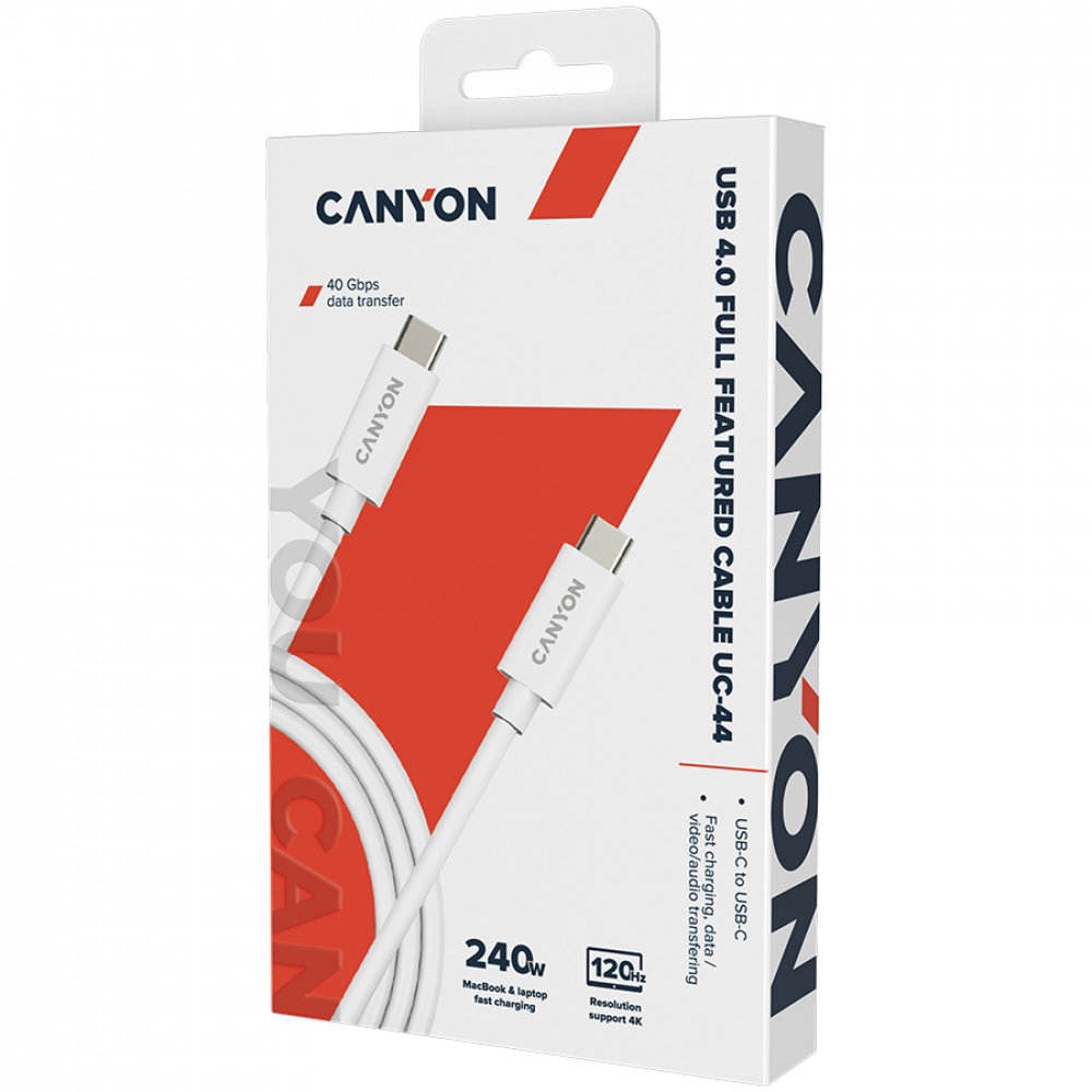 Pudełko kabla Canyon USB 4.0 z białym kablem, srebrnymi złączami i specyfikacją techniczną.