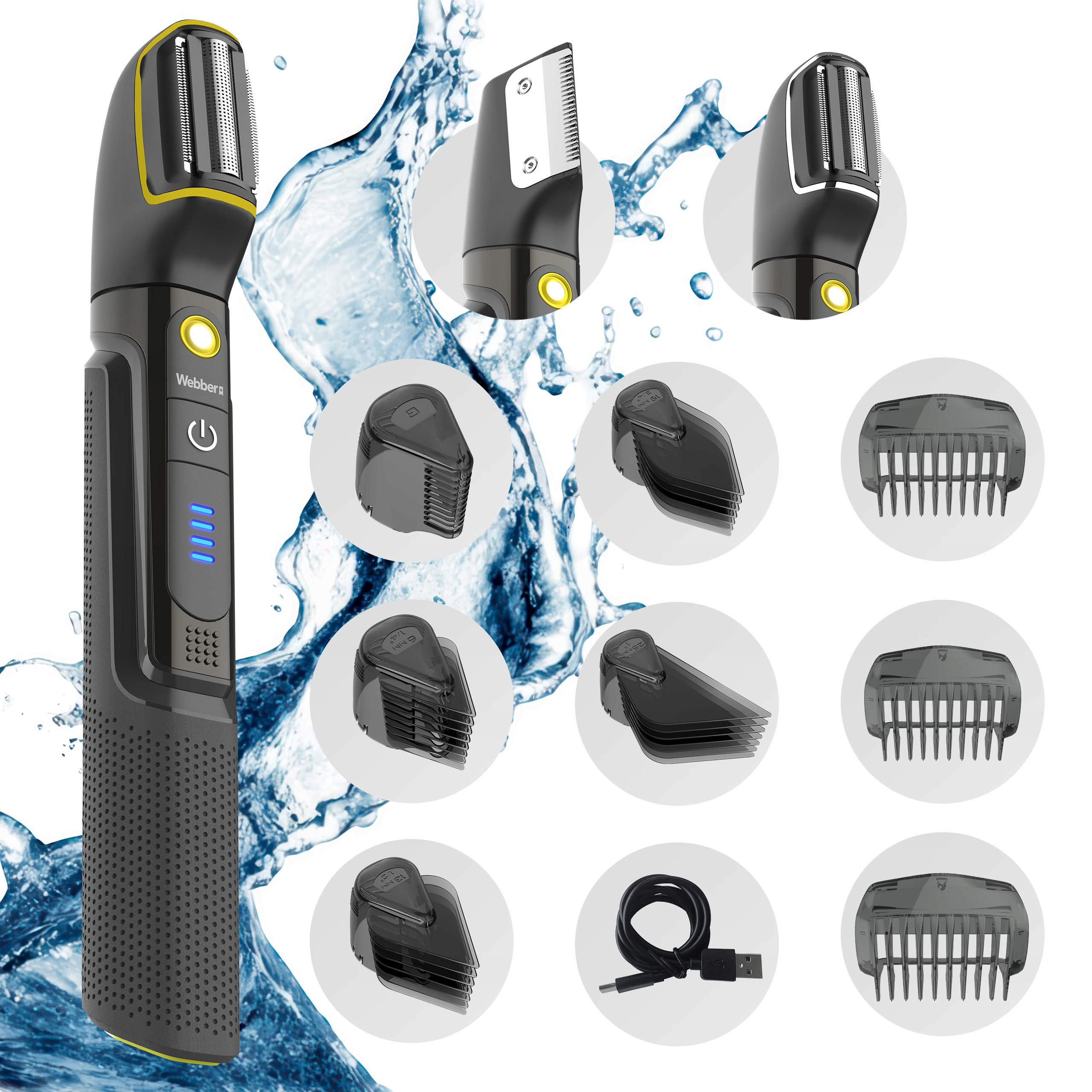 Czarny trymer z nasadkami, otoczony pluskami wody. Zawiera grzebienie i kabel USB.
