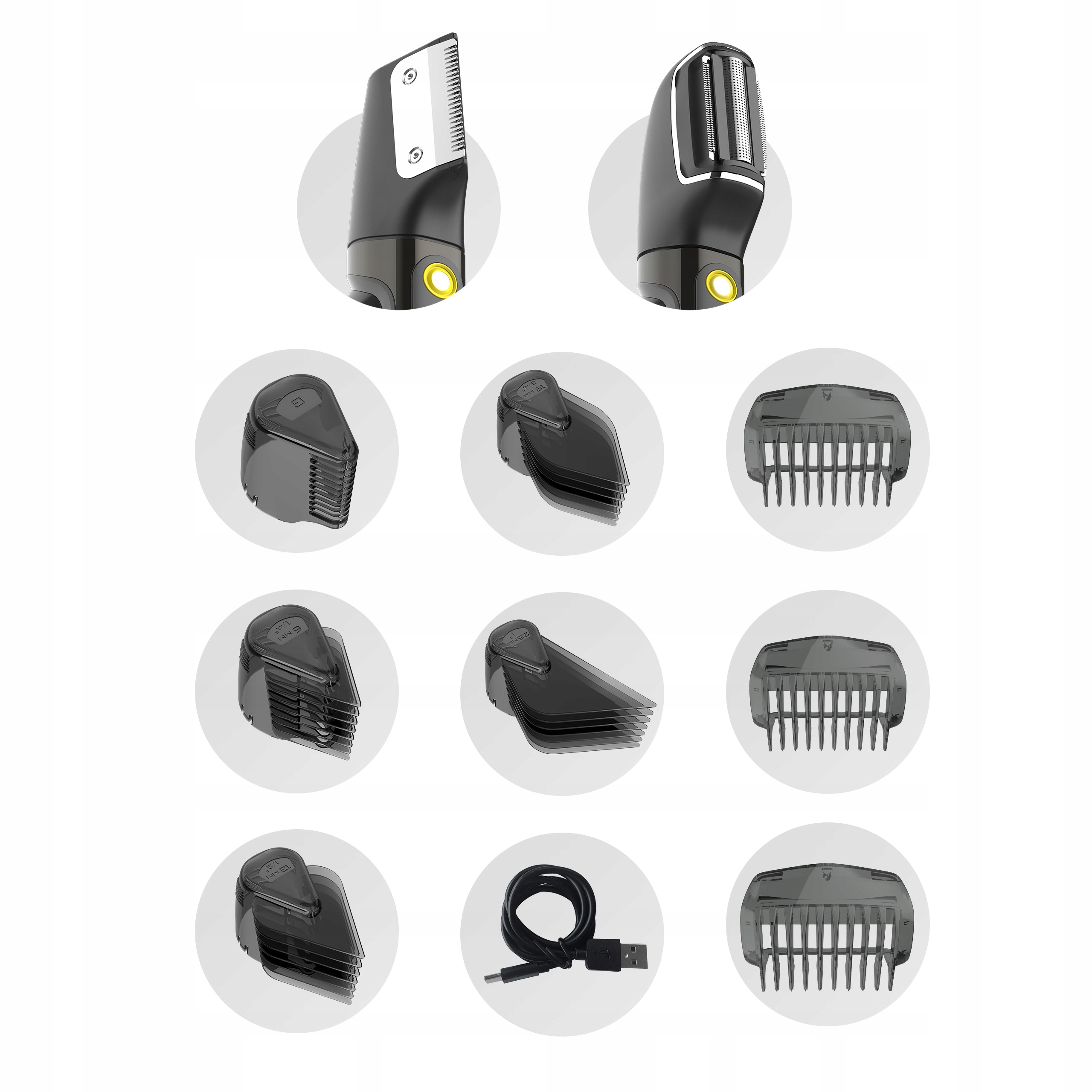 Zbliżenie trymera z różnymi nasadkami i kablem USB.