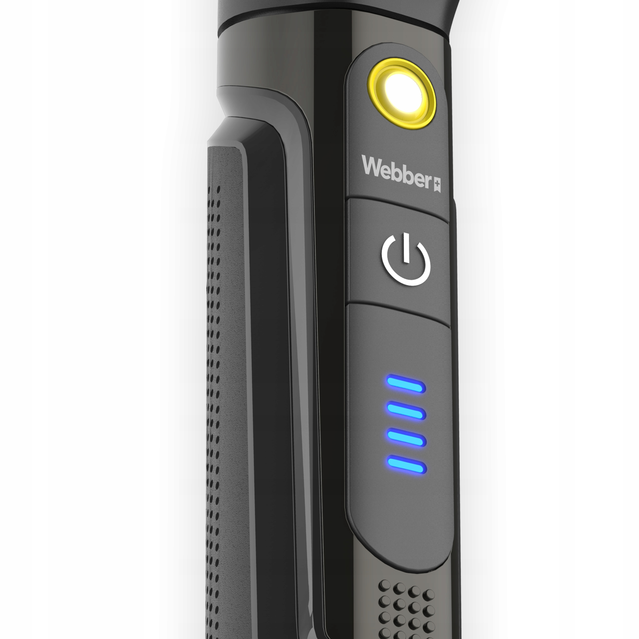 Zbliżenie czarnej golarki Webber z żółtym przyciskiem i niebieskimi diodami LED.