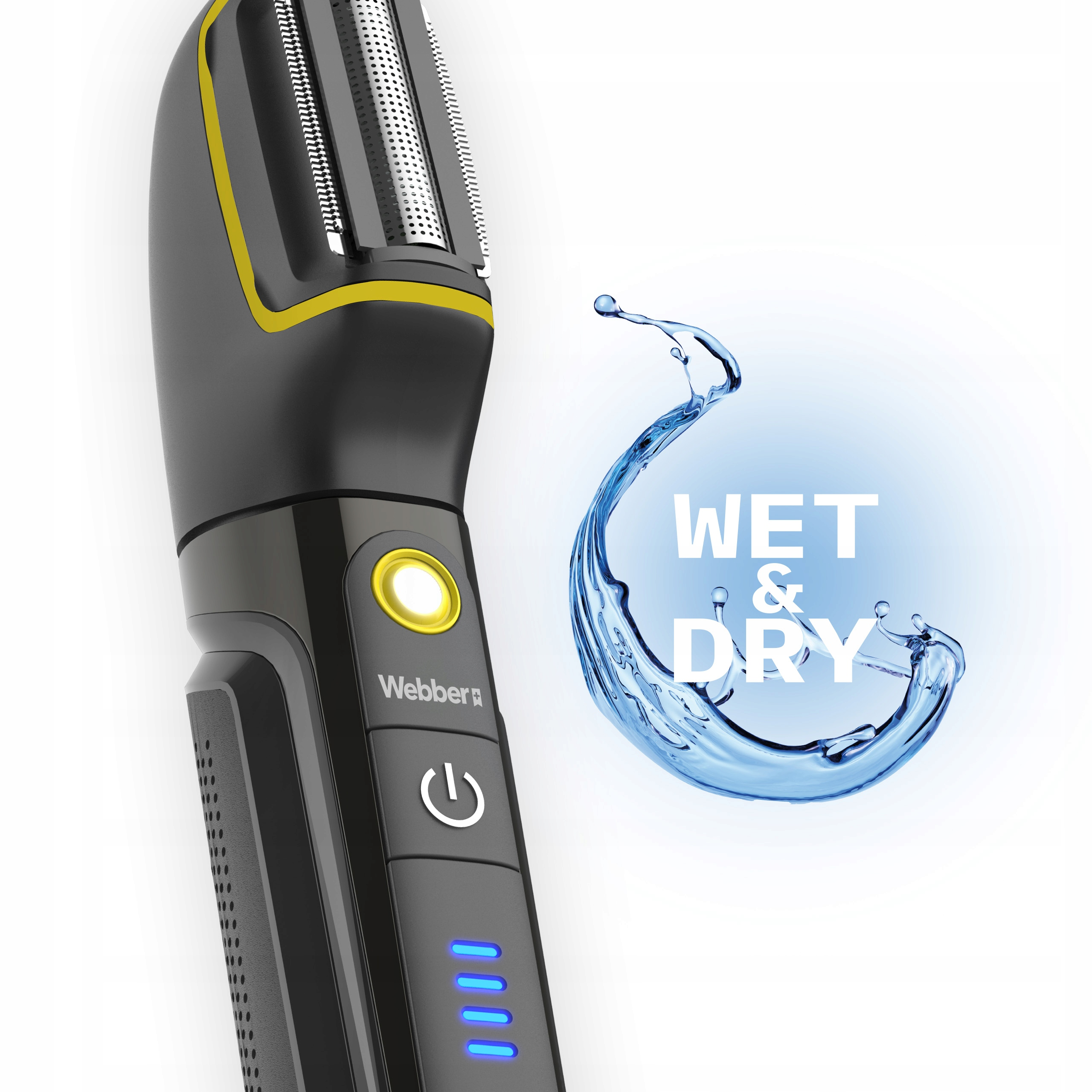 Czarny trymer z żółtym paskiem i grafiką rozprysku wody.