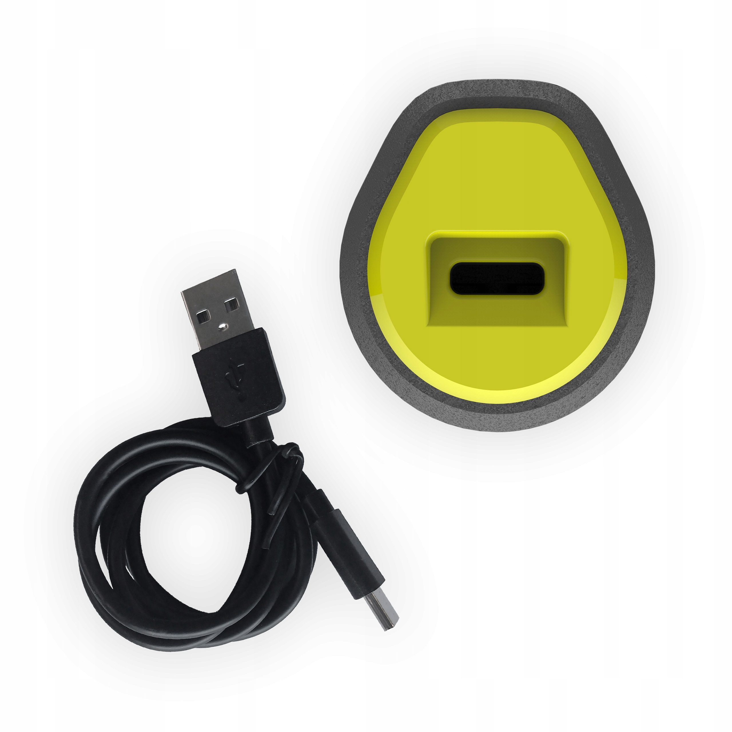 Czarny kabel USB leży obok żółto-szarej ładowarki.