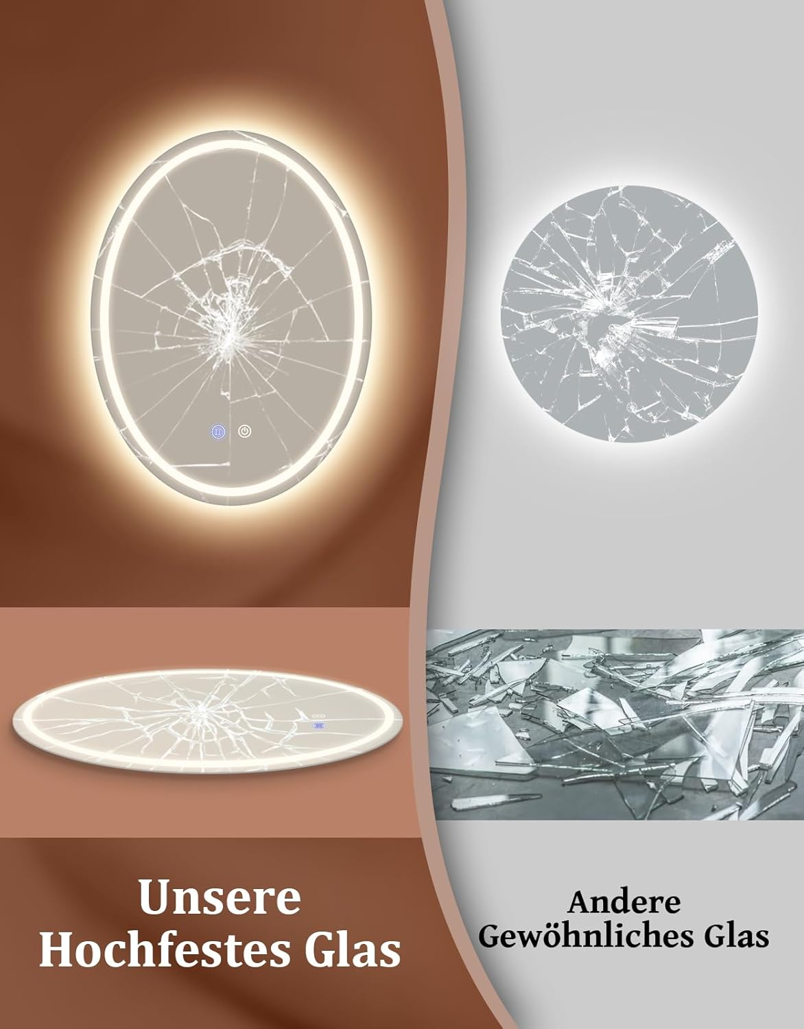 Specchio rotto con luce a sinistra, vetri rotti a destra. Sinistra 'Il nostro vetro più resistente', destra 'Altro vetro normale'.