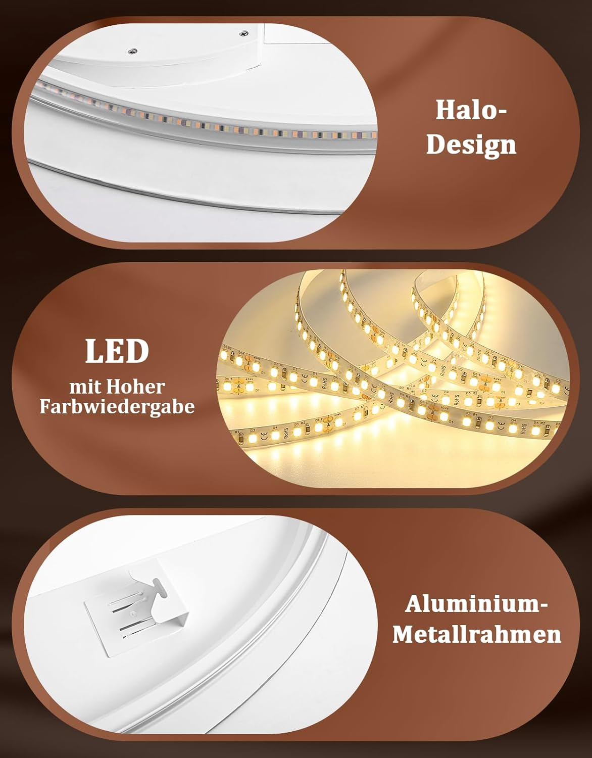 Design a "halo" con striscia LED, alta resa cromatica e telaio in alluminio.