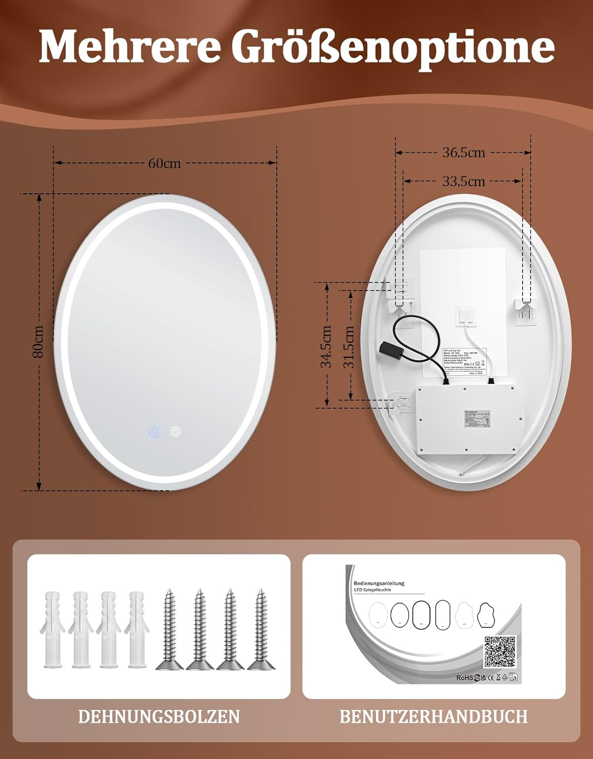 Specchio ovale con illuminazione a LED, dimensioni e accessori mostrati. Molte opzioni.