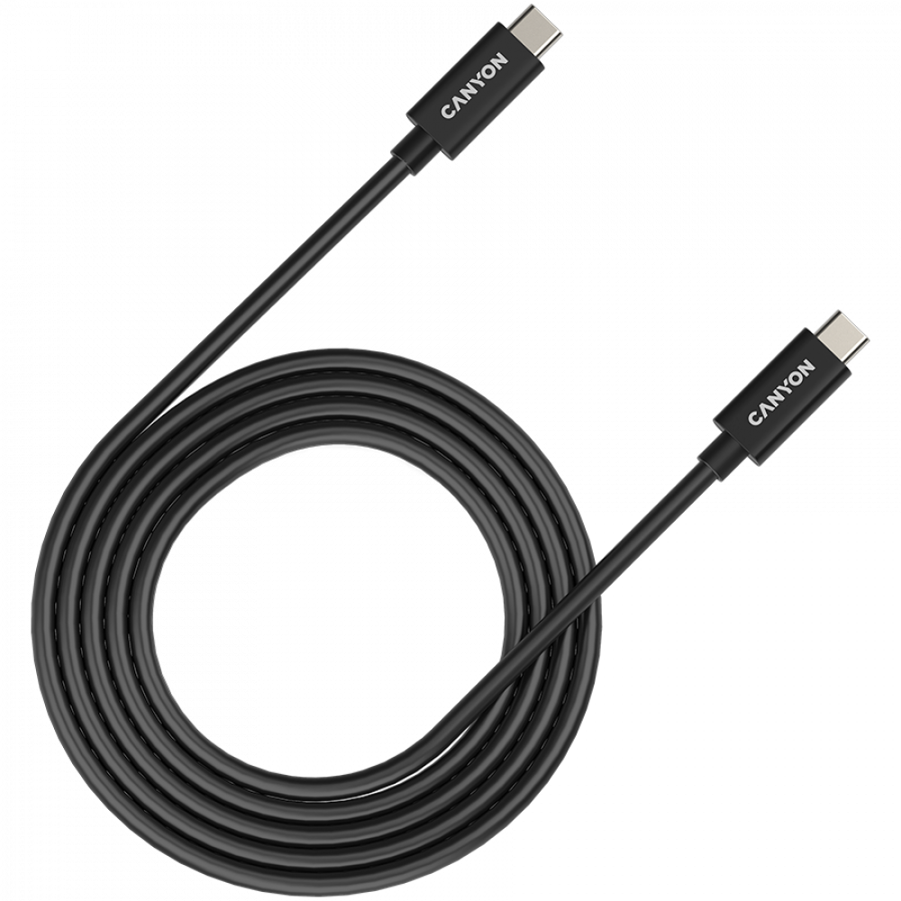 Czarny kabel USB-C z logo CANYON, zwinięty.