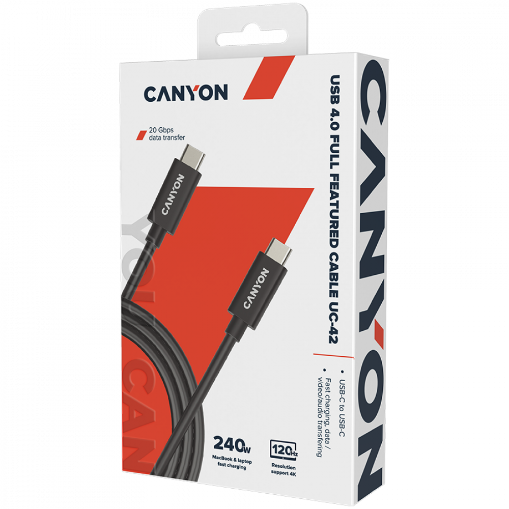 Opakowanie kabla Canyon USB 4.0 z dwoma złączami USB-C i specyfikacjami.