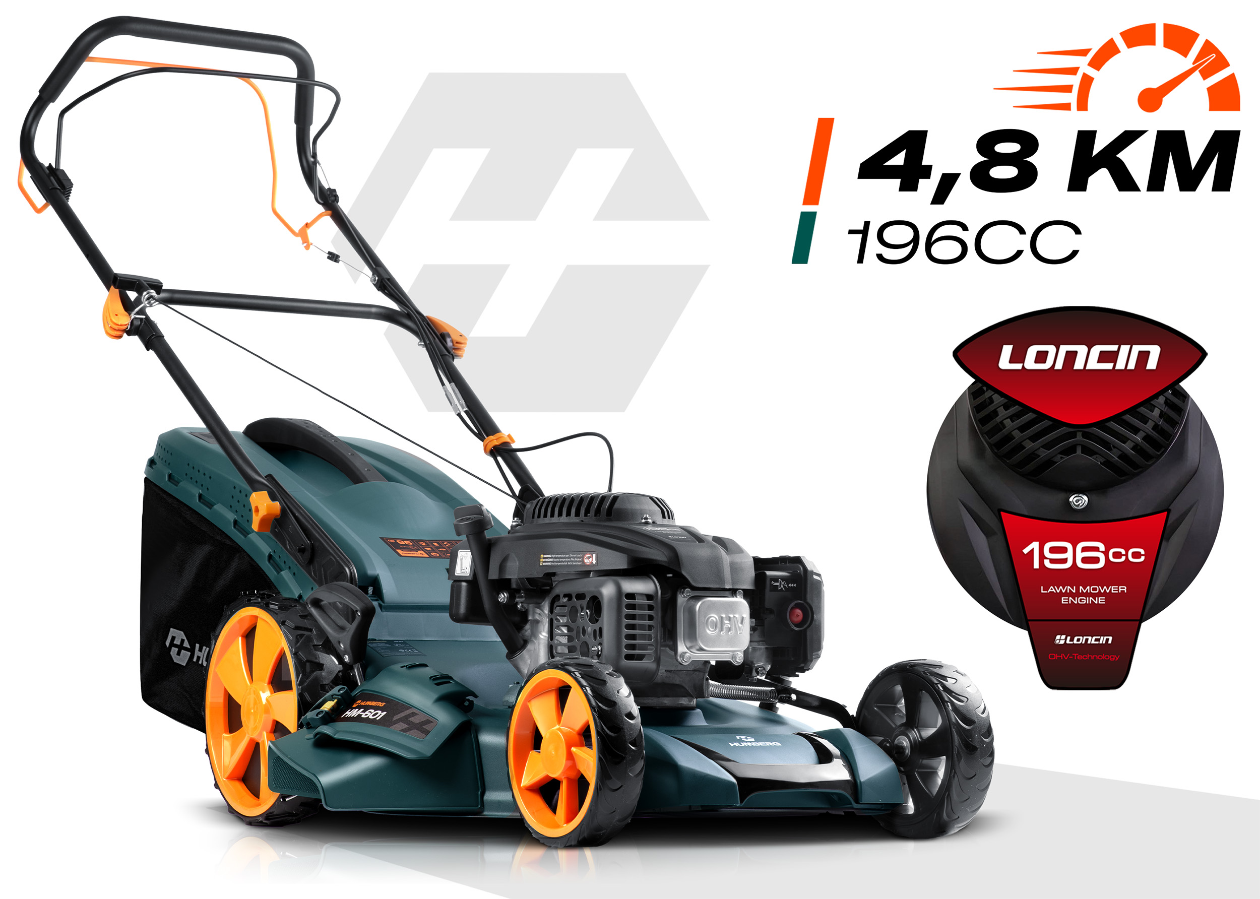 Zielona kosiarka z pomarańczowymi kołami i czarną rączką.