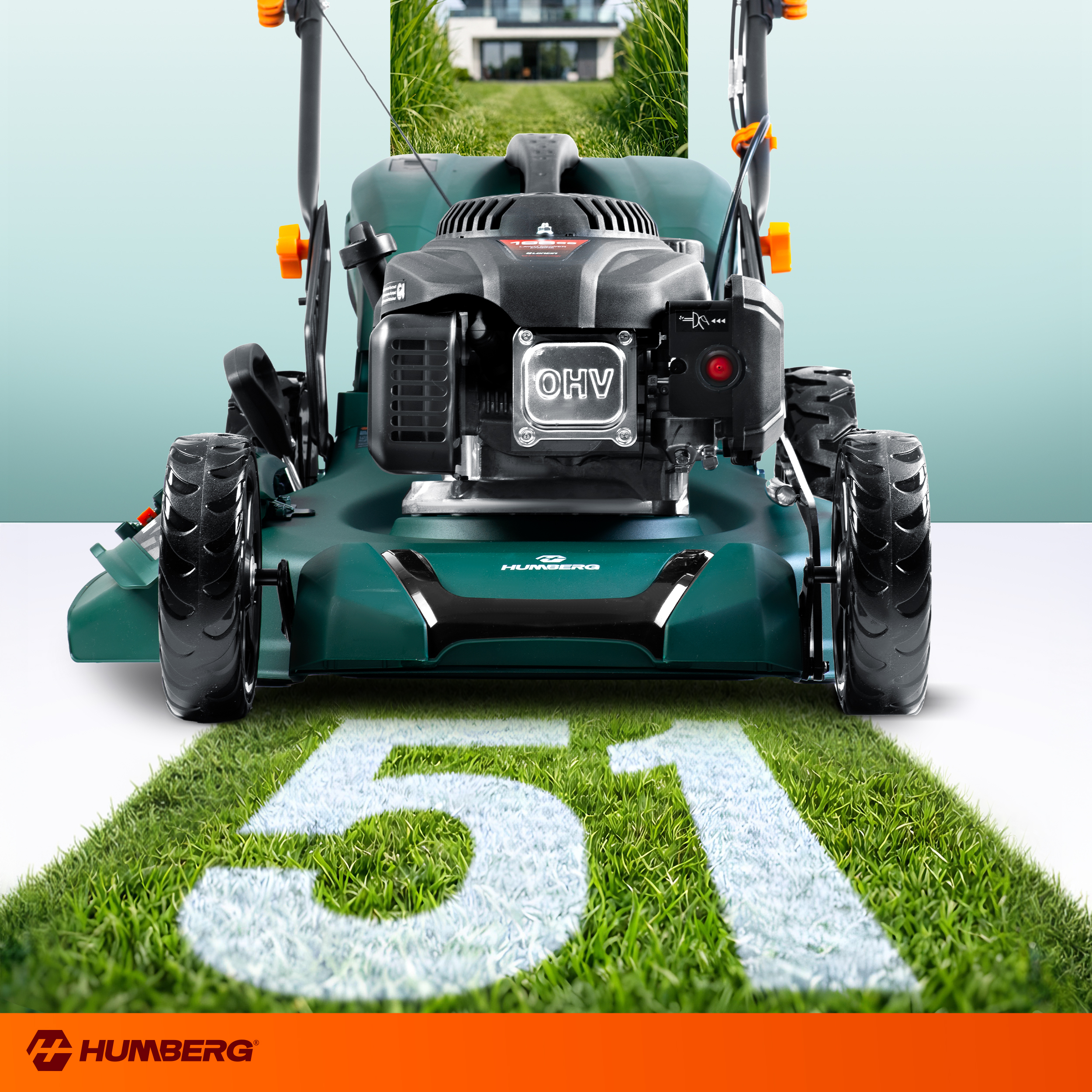 Zielona kosiarka z silnikiem OHV stoi na trawie z cyfrą 51.