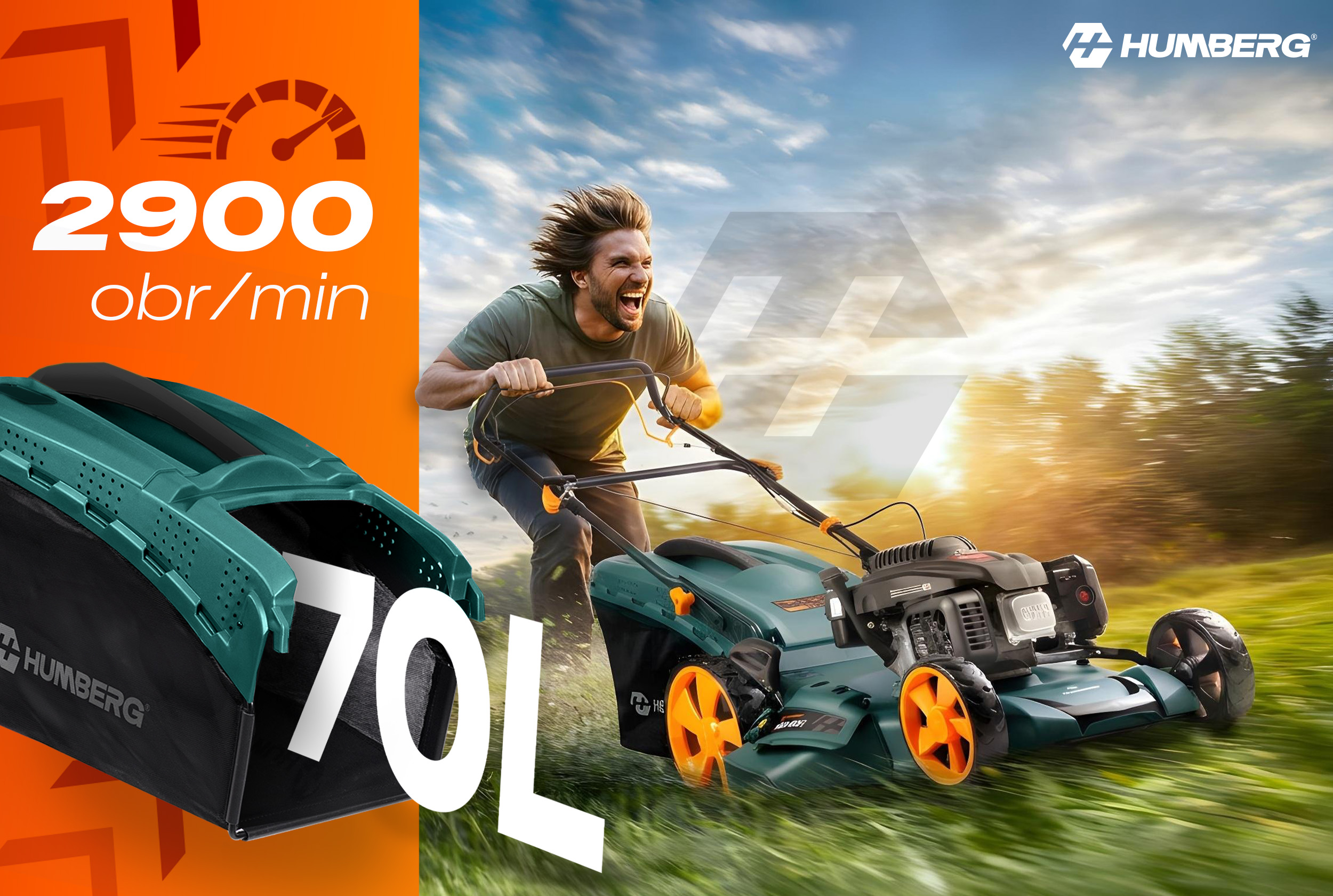 Mężczyzna kosi trawę kosiarką HUMBERG, 2900 obr/min, kosz 70L.