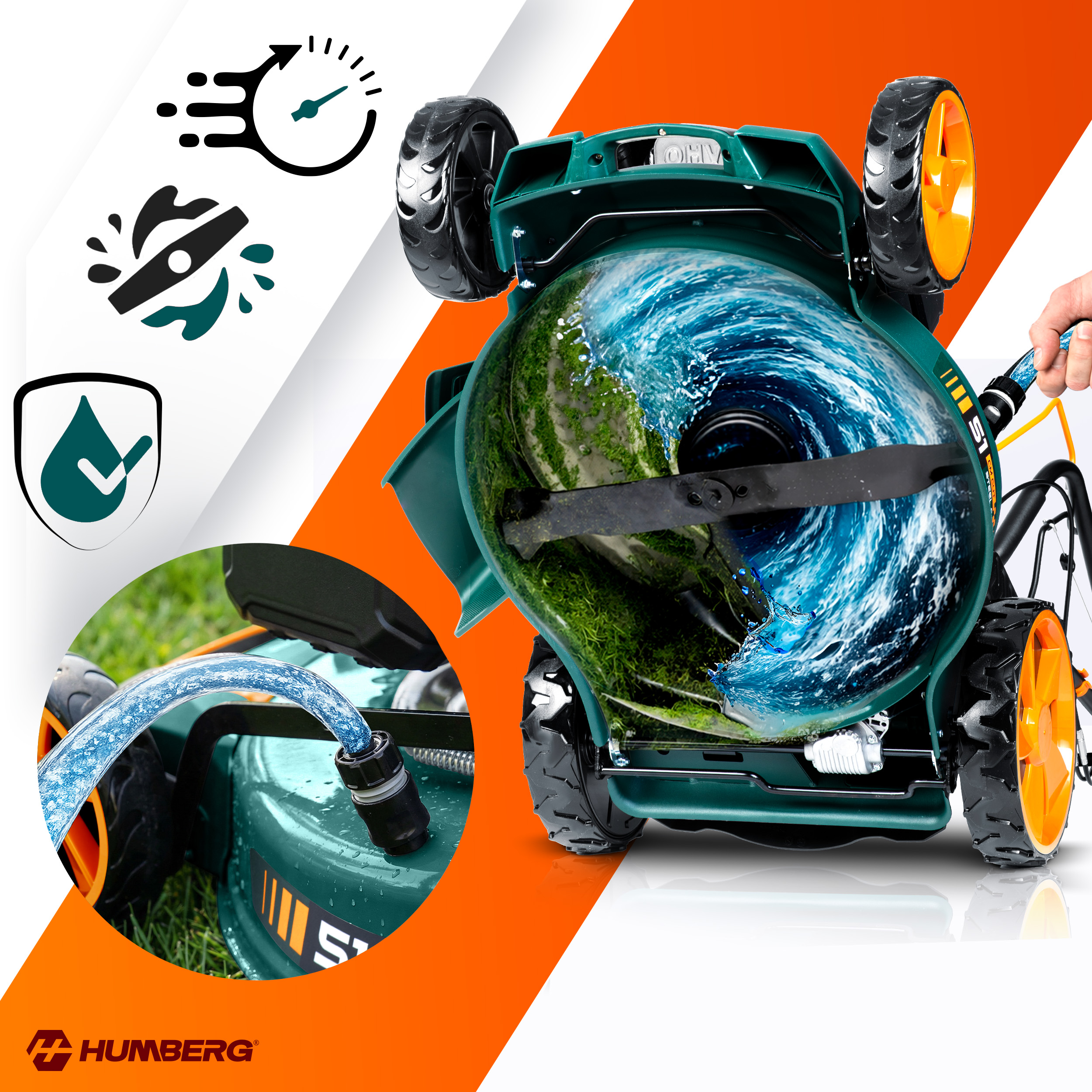 Zielona kosiarka z wężem wodnym rozpylającym wodę do środka.