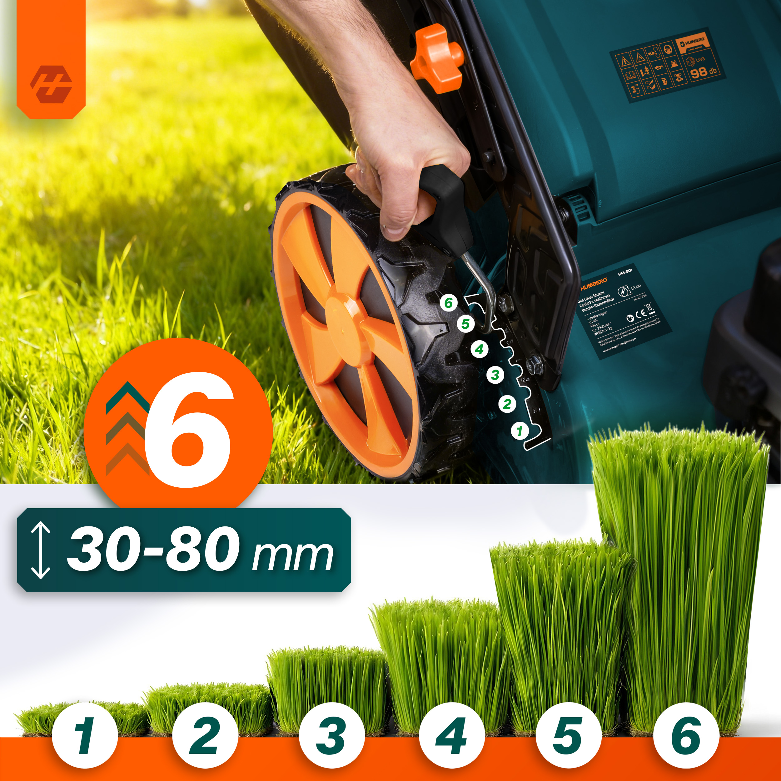 Kosiarka z sześcioma wysokościami cięcia od 30-80mm.