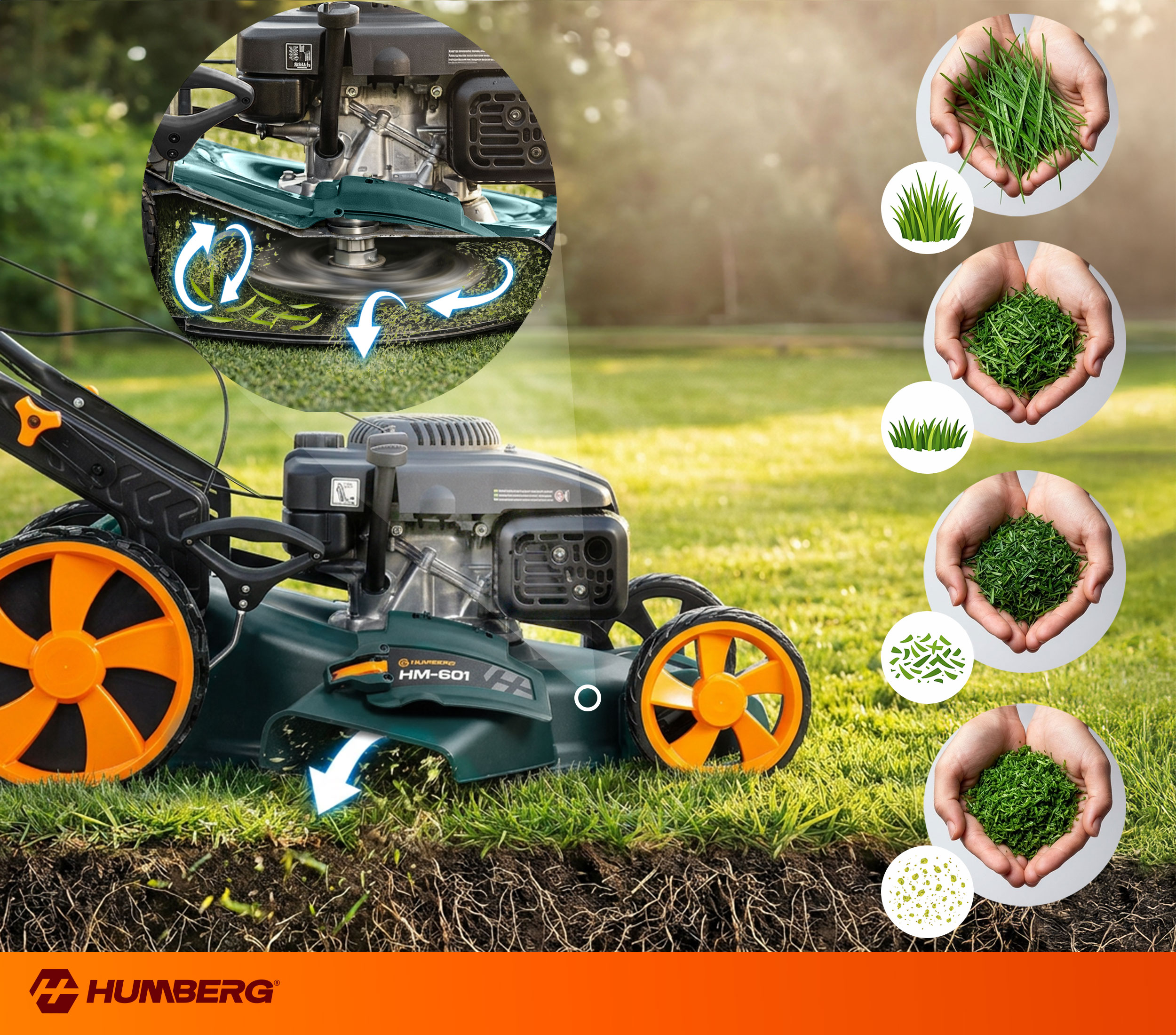 Kosiarka z widokiem detalu zespołu tnącego, trawa w dłoniach i efekt cięcia.