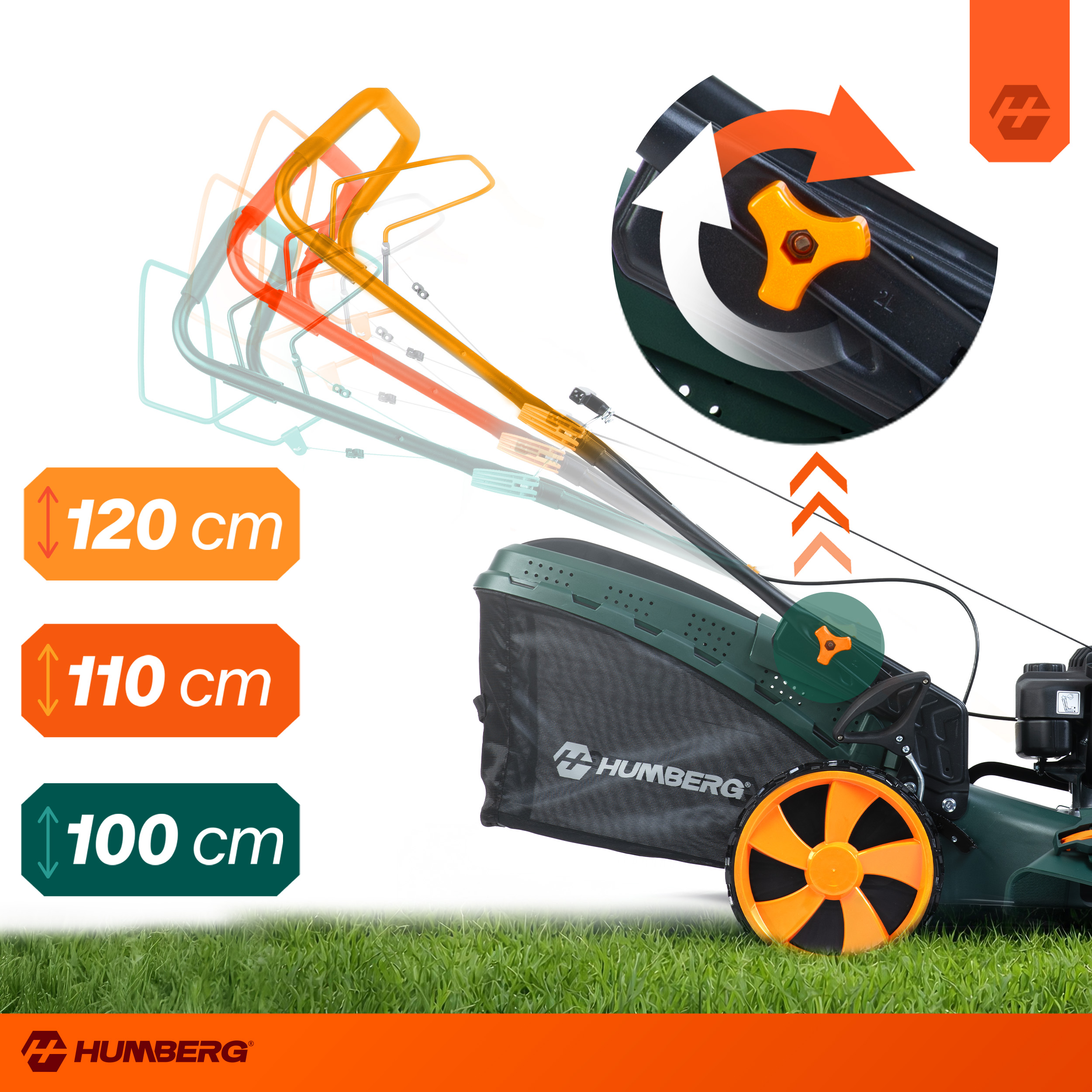 Zielona kosiarka z pomarańczowymi kołami i uchwytami na trawie.