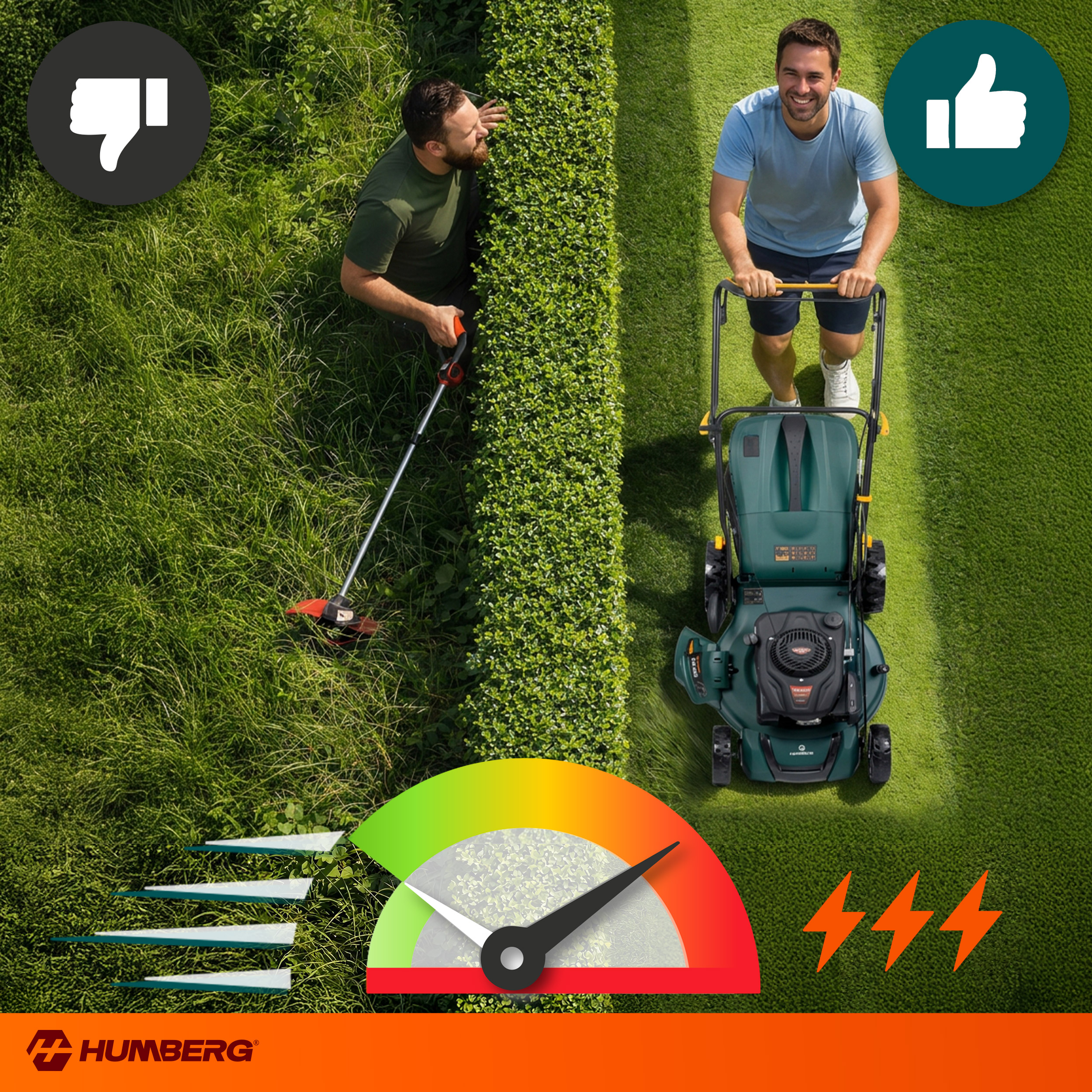 Mężczyzna kosi trawnik zieloną kosiarką. Inny mężczyzna przycina żywopłot.