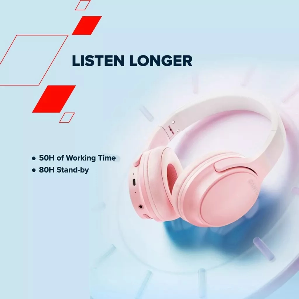 Cuffie rosa con archetto bianco. Testo: 50 ore di lavoro, 80 ore in standby.