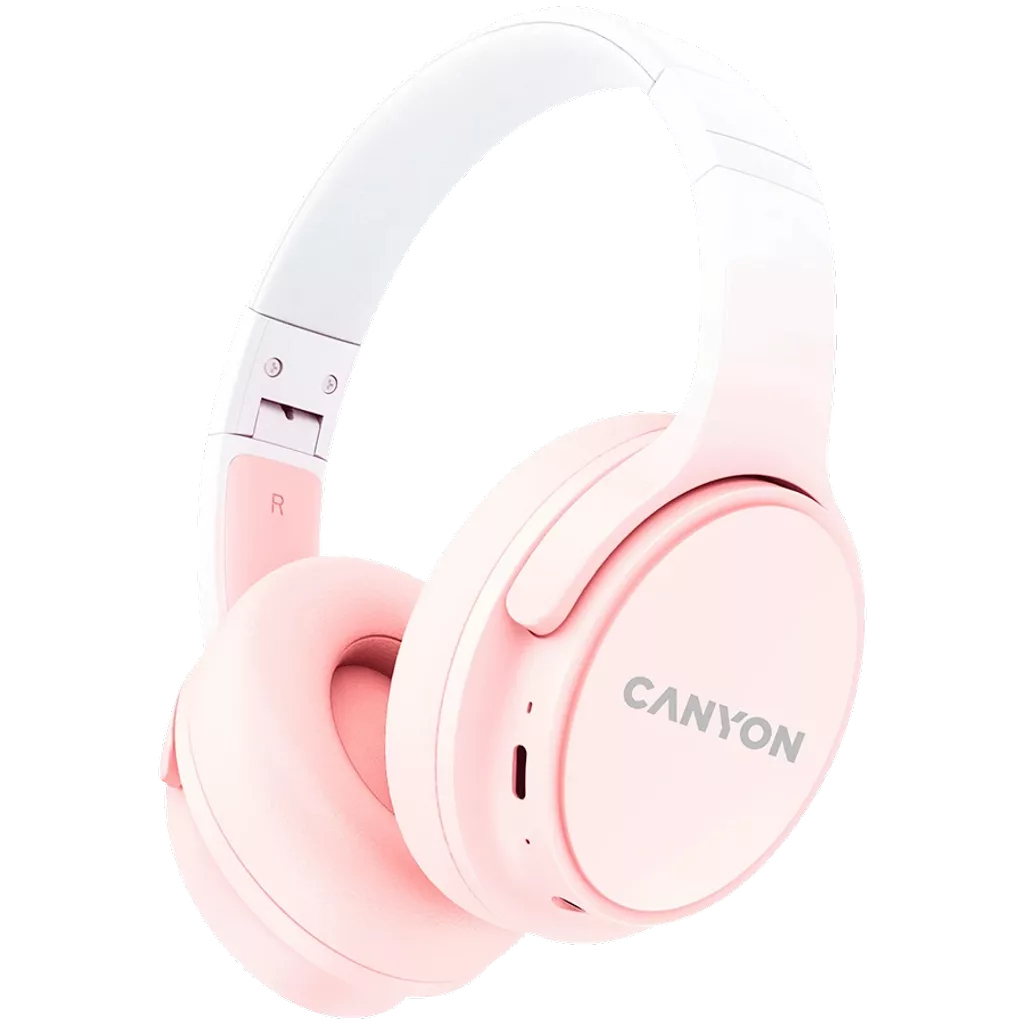 Un paio di cuffie rosa con archetto bianco e logo Canyon.