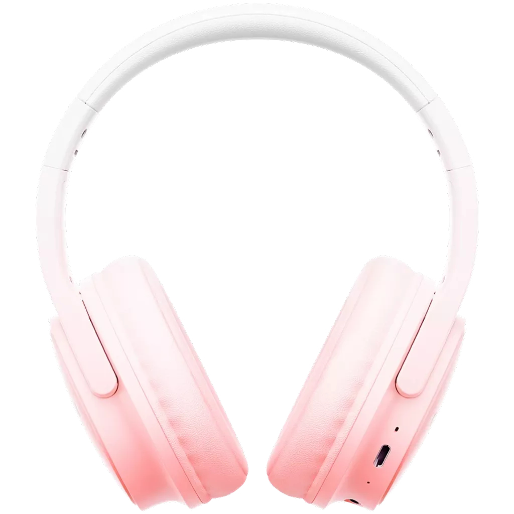 Cuffie rosa con archetto bianco, su sfondo bianco.