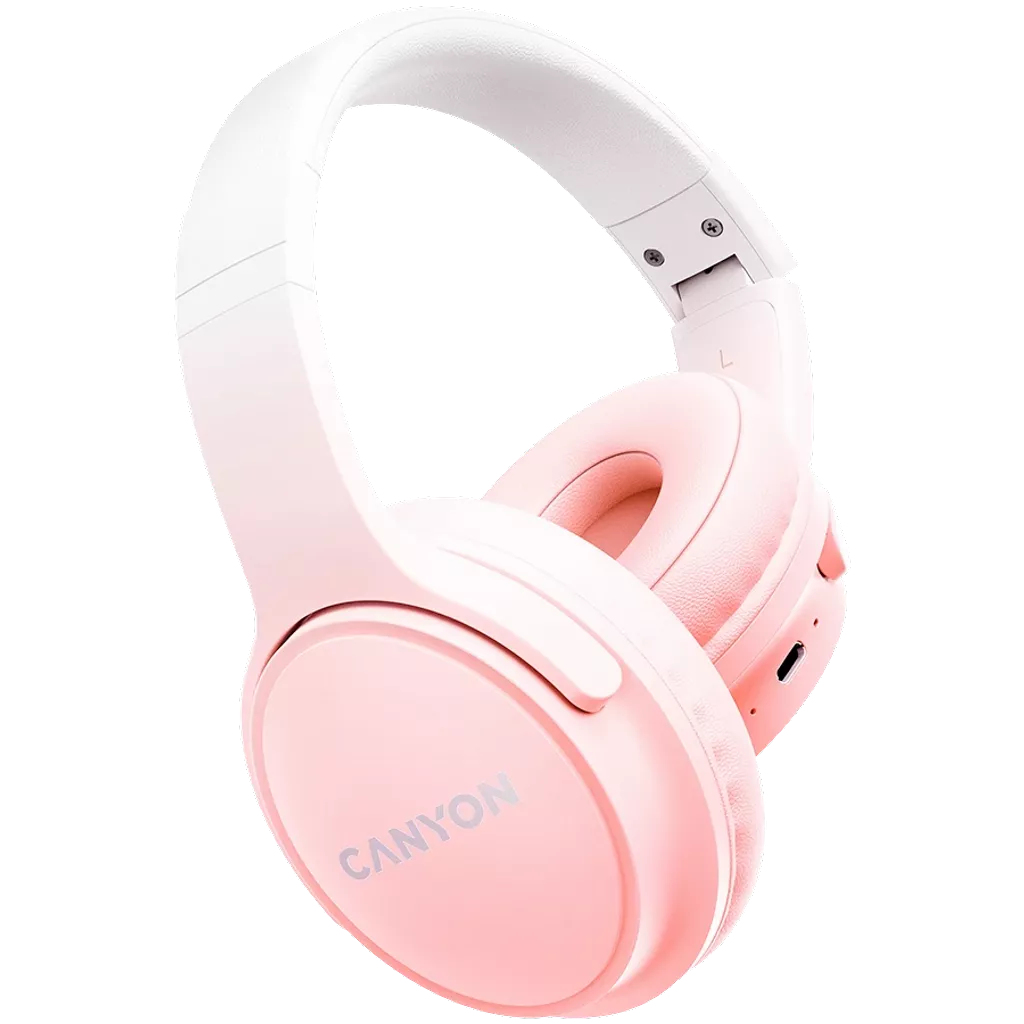 Un paio di cuffie rosa con archetto bianco e logo Canyon.