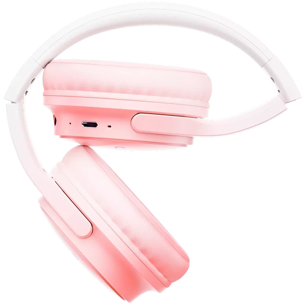 Cuffie rosa con archetto bianco, su sfondo bianco.