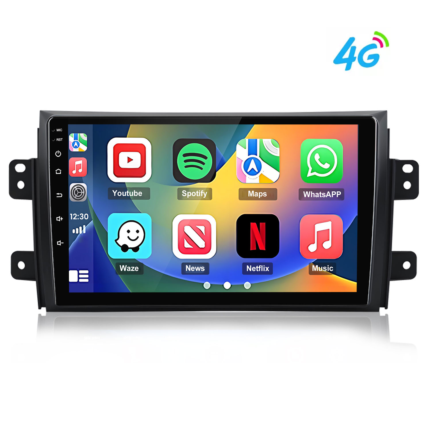 Ein Autoradio-Display zeigt App-Symbole wie YouTube, Spotify, Maps, WhatsApp, Waze, News, Netflix und Musik.