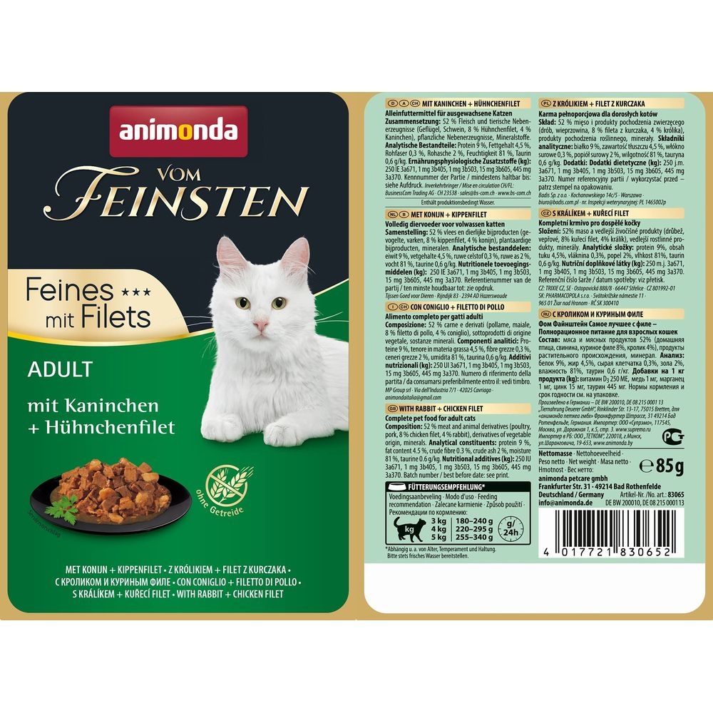 Opakowanie karmy Animonda z białym kotem, miską karmy i informacjami o produkcie.