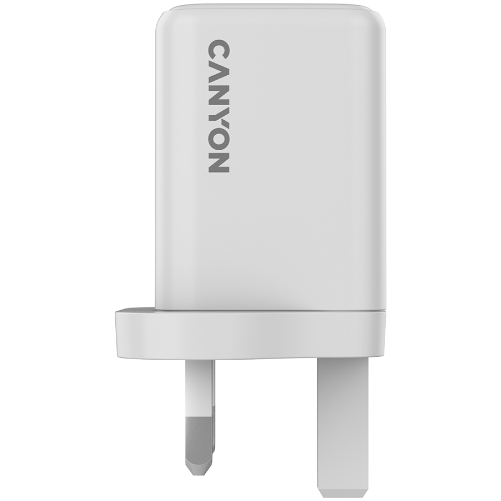 Biały zasilacz z szarym logo "CANYON" z przodu.