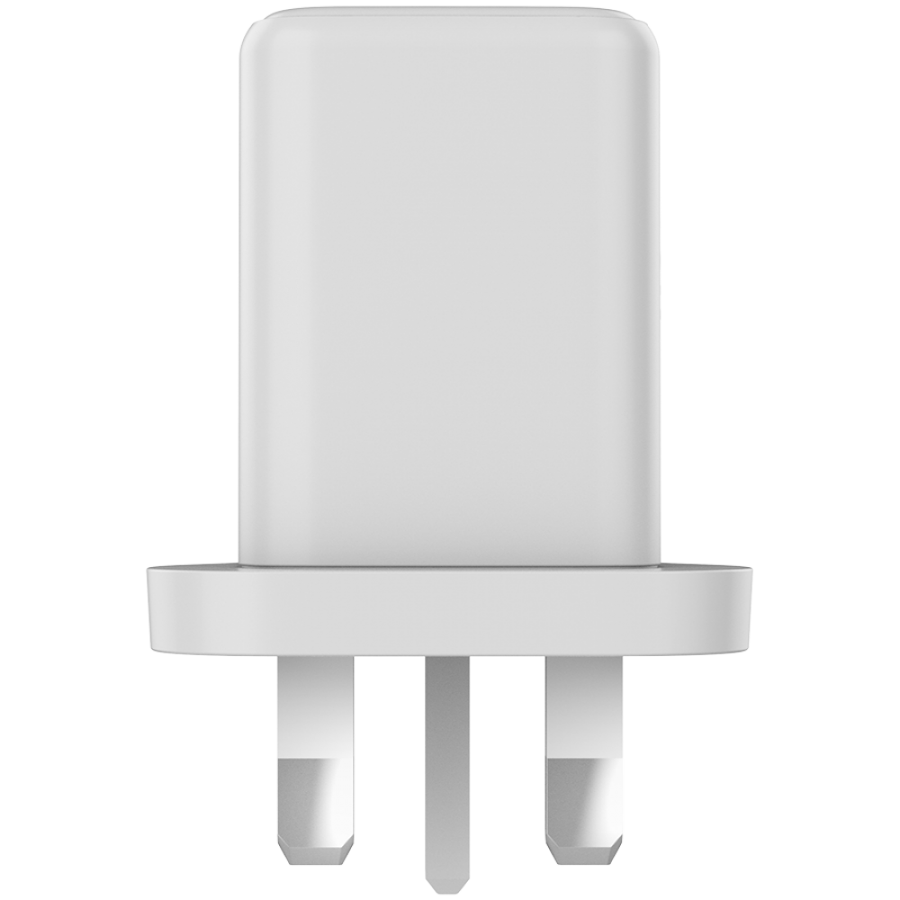 Biała wtyczka z trzema bolcami na czarnym tle.