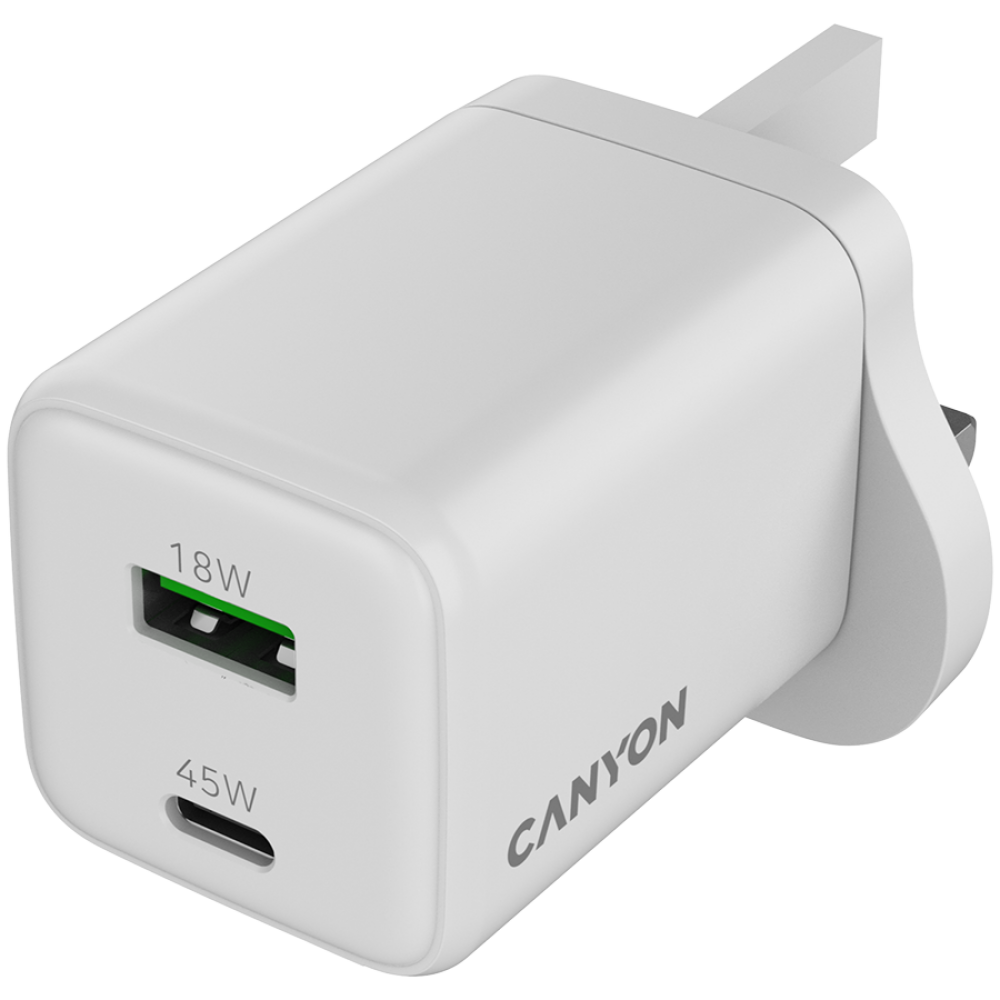 Biała ładowarka Canyon z portami USB-A 18W i USB-C 45W.