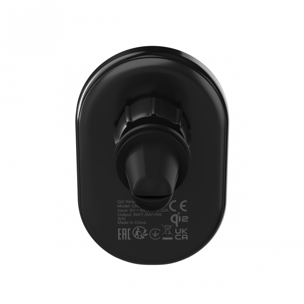 Czarna ładowarka bezprzewodowa Qi2 z detalami modelu i wejścia/wyjścia z tyłu.