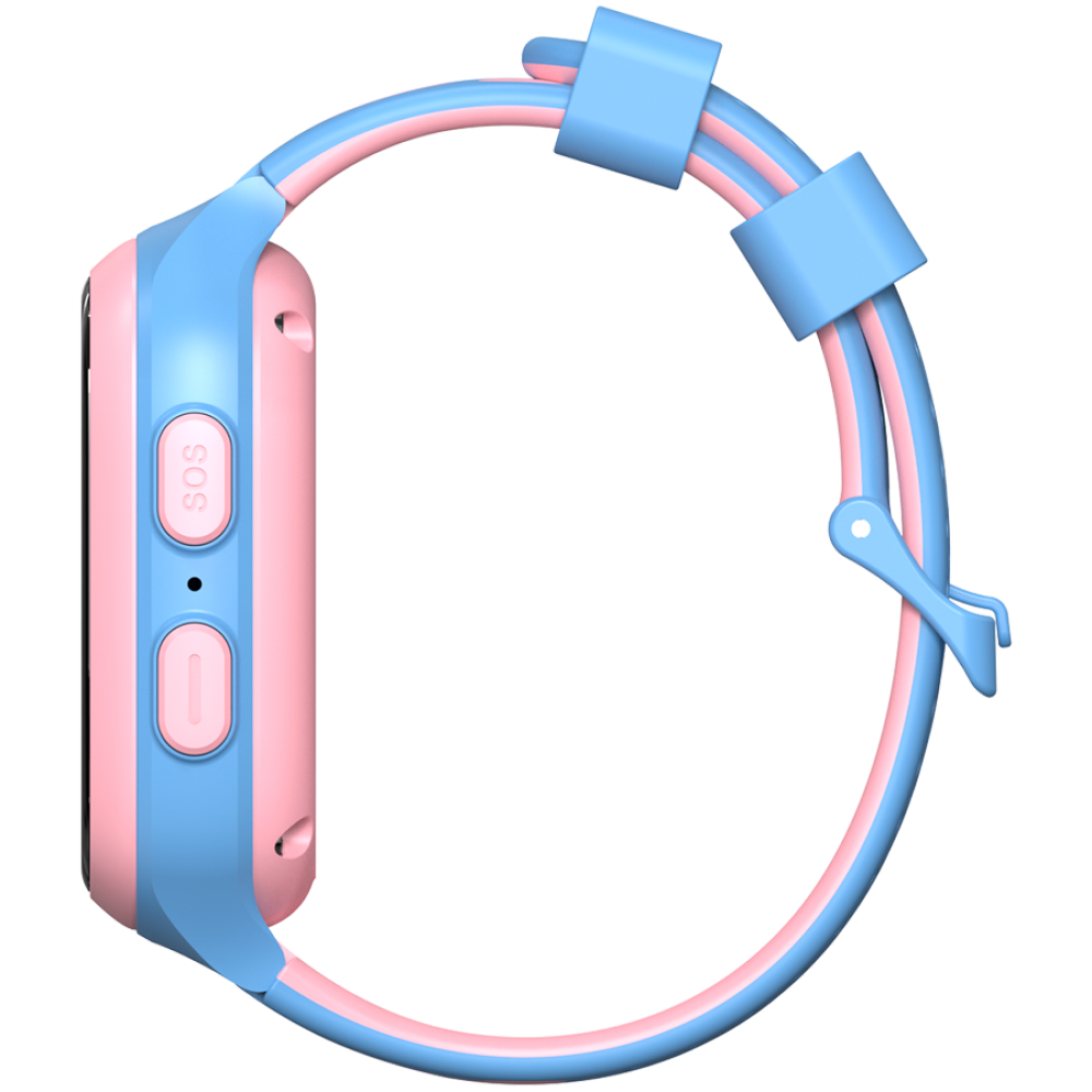 Różowo-niebieski smartwatch z przyciskiem SOS i dwoma innymi przyciskami.