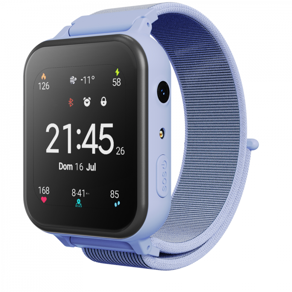 Jasnofioletowy smartwatch pokazuje 21:45, datę i statystyki zdrowia. Ma niebieską opaskę z tkaniny.