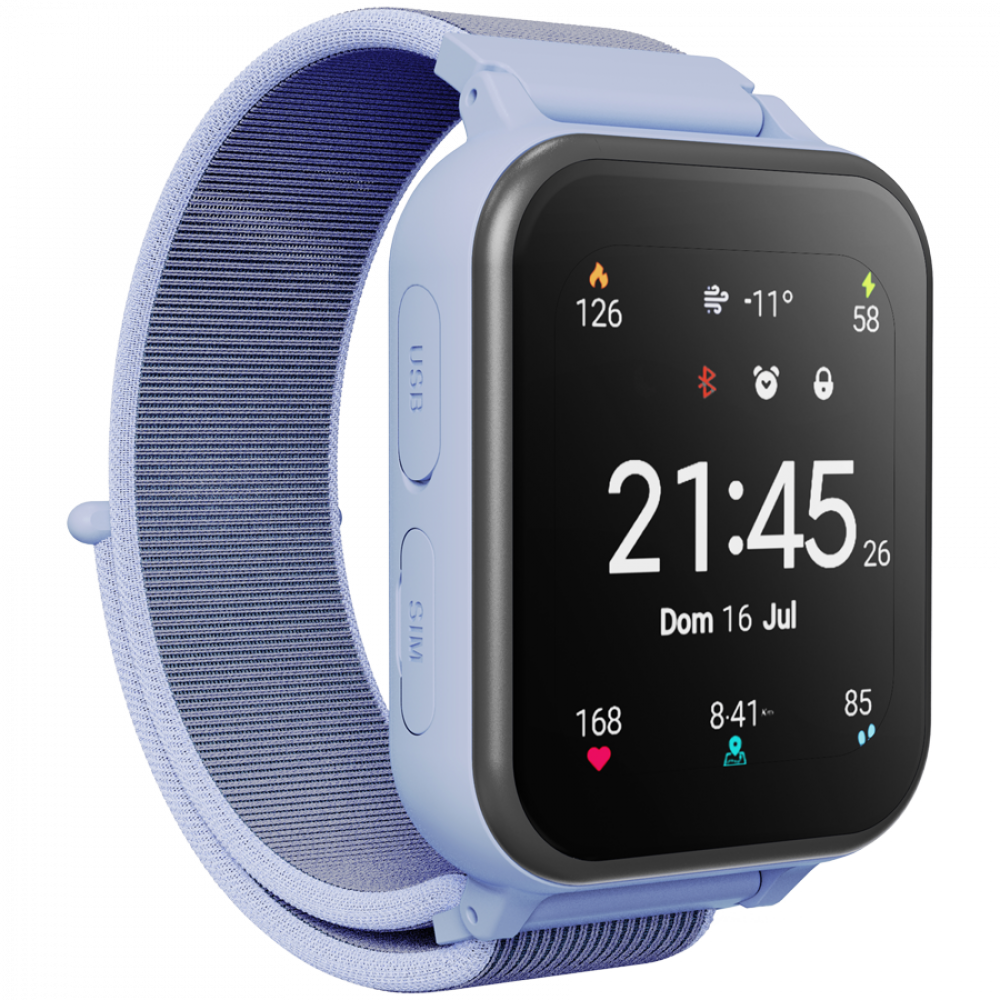 Niebieski smartwatch z materiałową bransoletą pokazuje 21:45, 16 lipca.