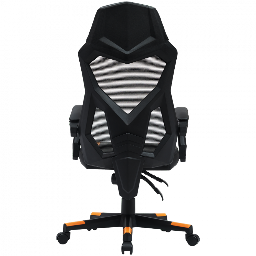 Czarny fotel gamingowy z pomarańczowymi akcentami, widziany od tyłu.