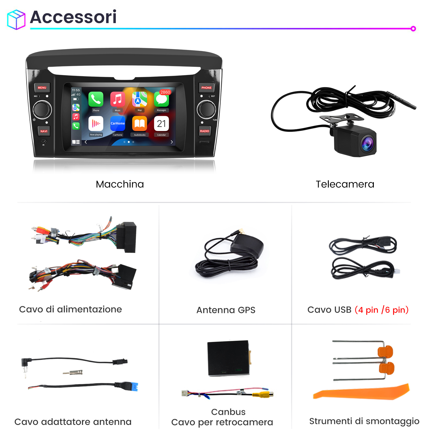 Accessori auto: autoradio, telecamera, cavi, antenna, strumenti.