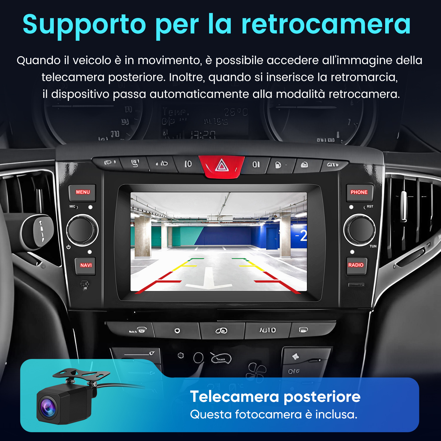 Interno auto con display telecamera posteriore e piccola telecamera.